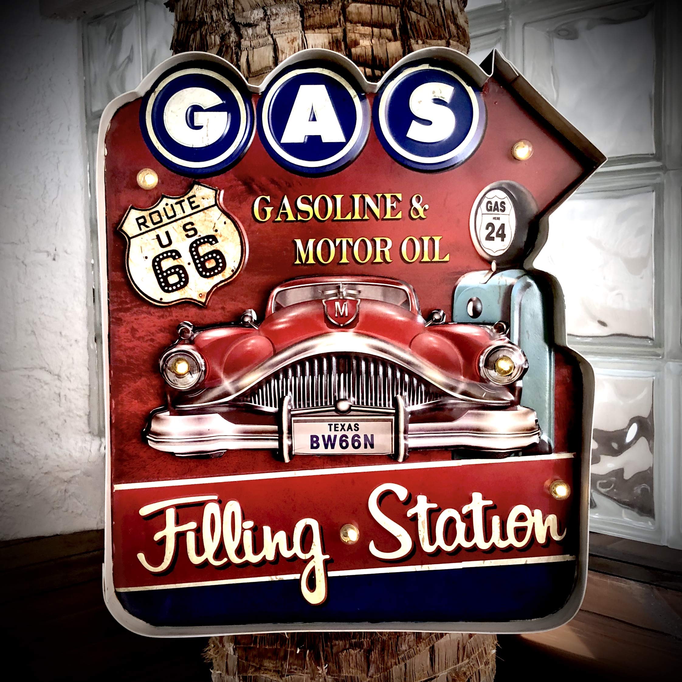 Leuchtschild Retro-Schild Wandschild im Vintage-Stil LED Schild für Garage Dekoschild Zubehör für Wohnkultur 50er Jahre Haus Dekoration Retro Leuchtkasten Metallhandwerk (Filling Station 1)