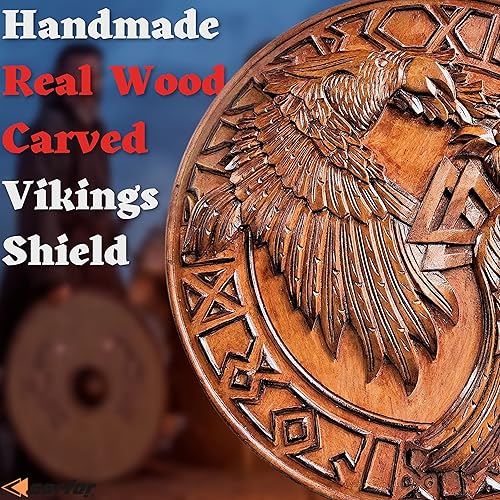 Miniatura 4 de Carfar Vikings medievales hechos a mano para adultos tamaño de 24 pulgadas escudo de guerrero hecho a mano madera natural y hierro juego de batalla