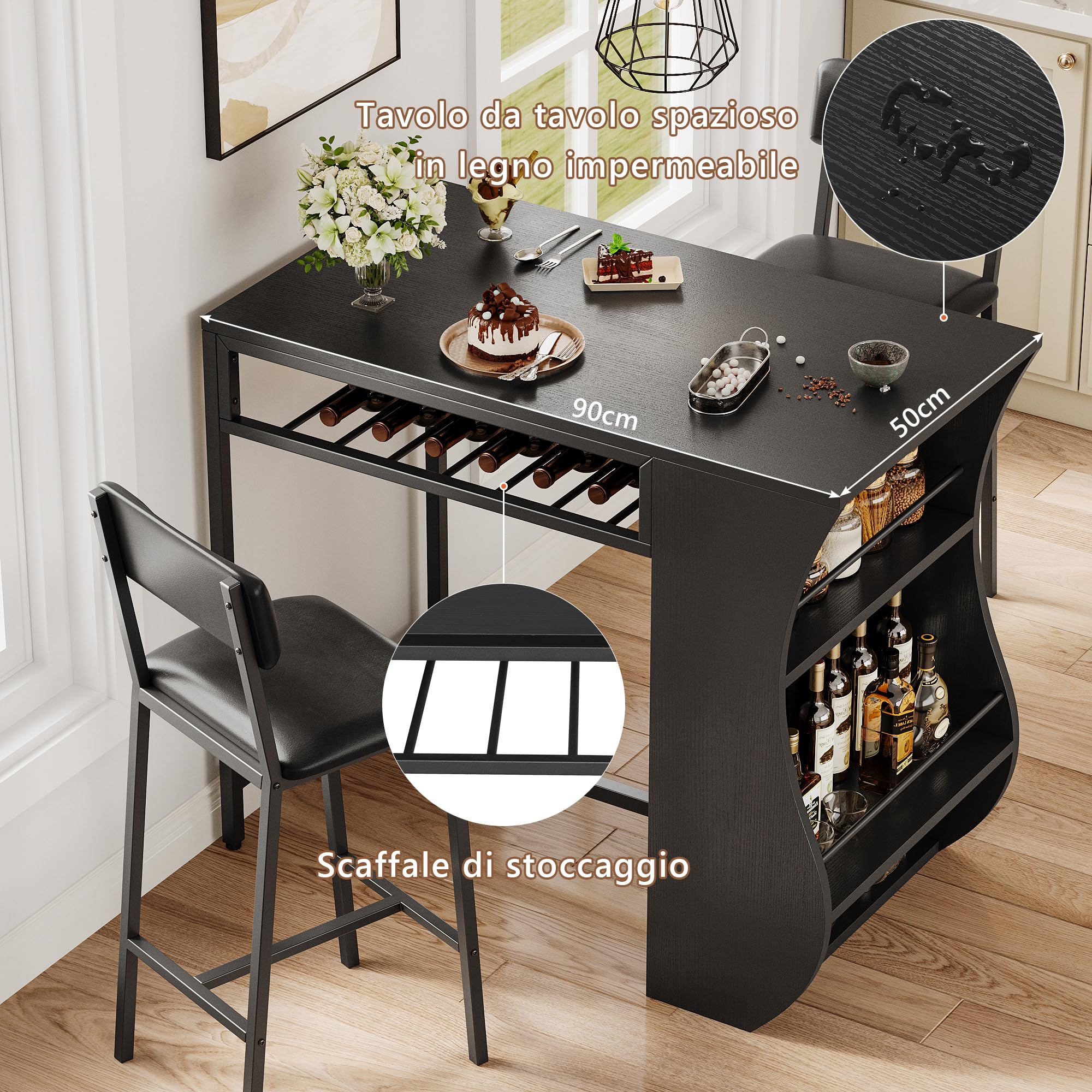 FEONASE Set da 3 pezzi con tavolo da bar e sgabelli con 2 ripiani portaoggetti e portabottiglie per vino, set da cucina Moden con tavolo da pranzo piccolo e sedie, per piccoli spazi, struttura in