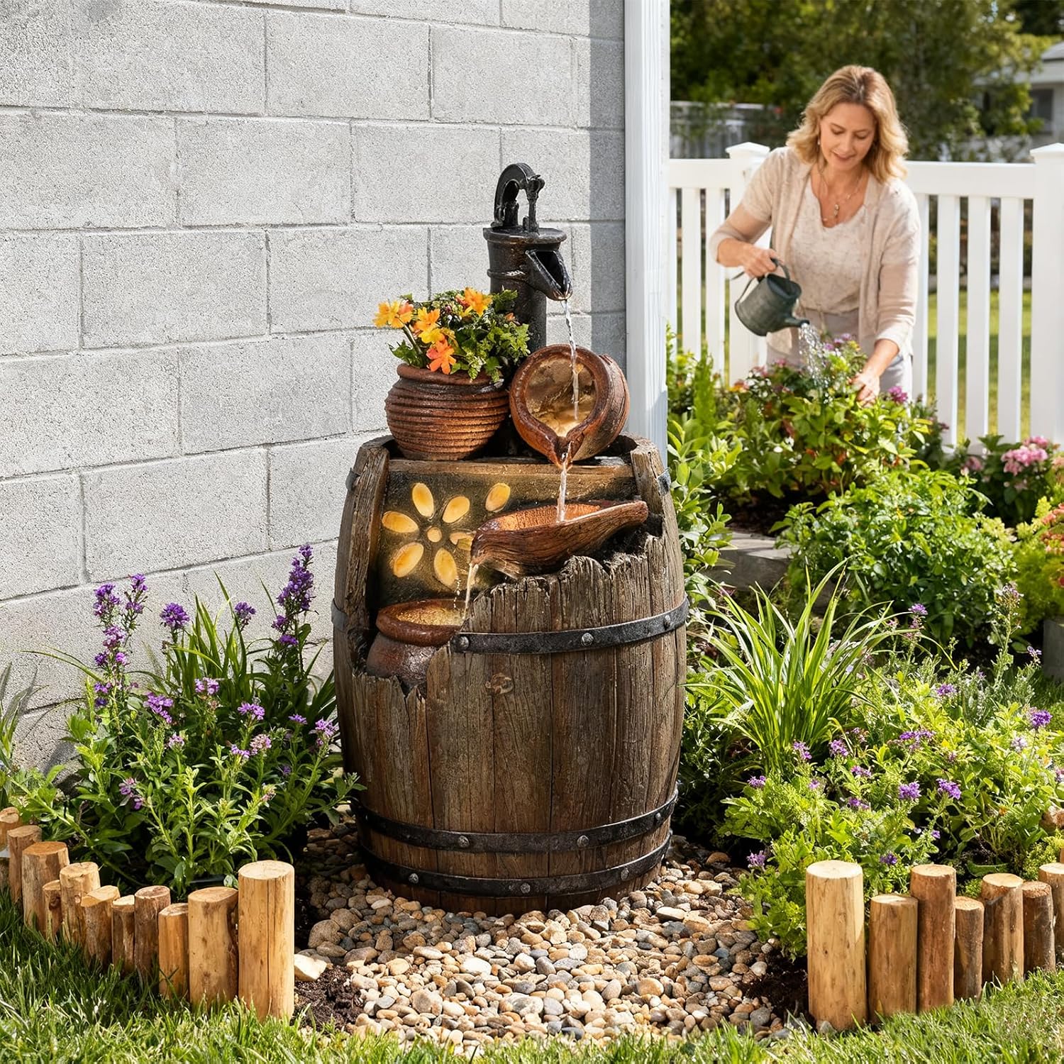 29" H Outdoor Water Fountain Pump and Barrel,4 Tiered Rustic Wood Barrel Cascading Waterfall Fountains Outside Feature with LED Lights for Garden, Patio, Porch, Backyard Decor