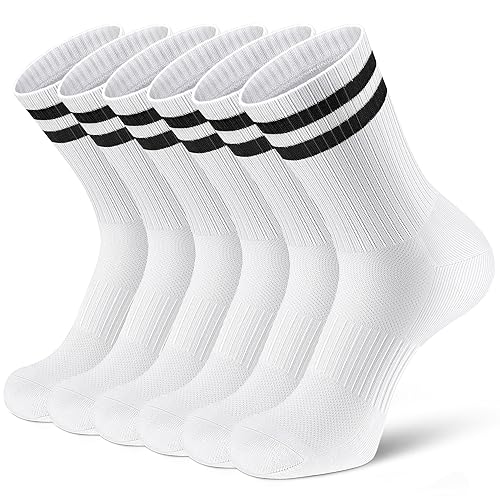 Airacker Athletic Socks Sport Running Calf Socks Performance Cushioned Breathable Crew Socks for Men Women(6 Pairs) - 9-12 - White With Black Striped