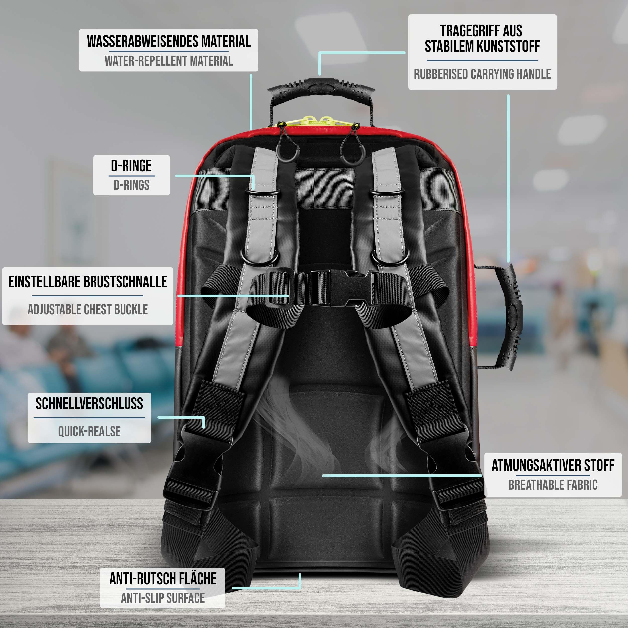 PULOX Notfallrucksack mit farbigem Klett-Modul-System - Unbefüllt | Erste-Hilfe-Rucksack, Rettungsrucksack mit übersichtlichem Klett-Modul-System zur individuellen Bestückung - ohne Füllung