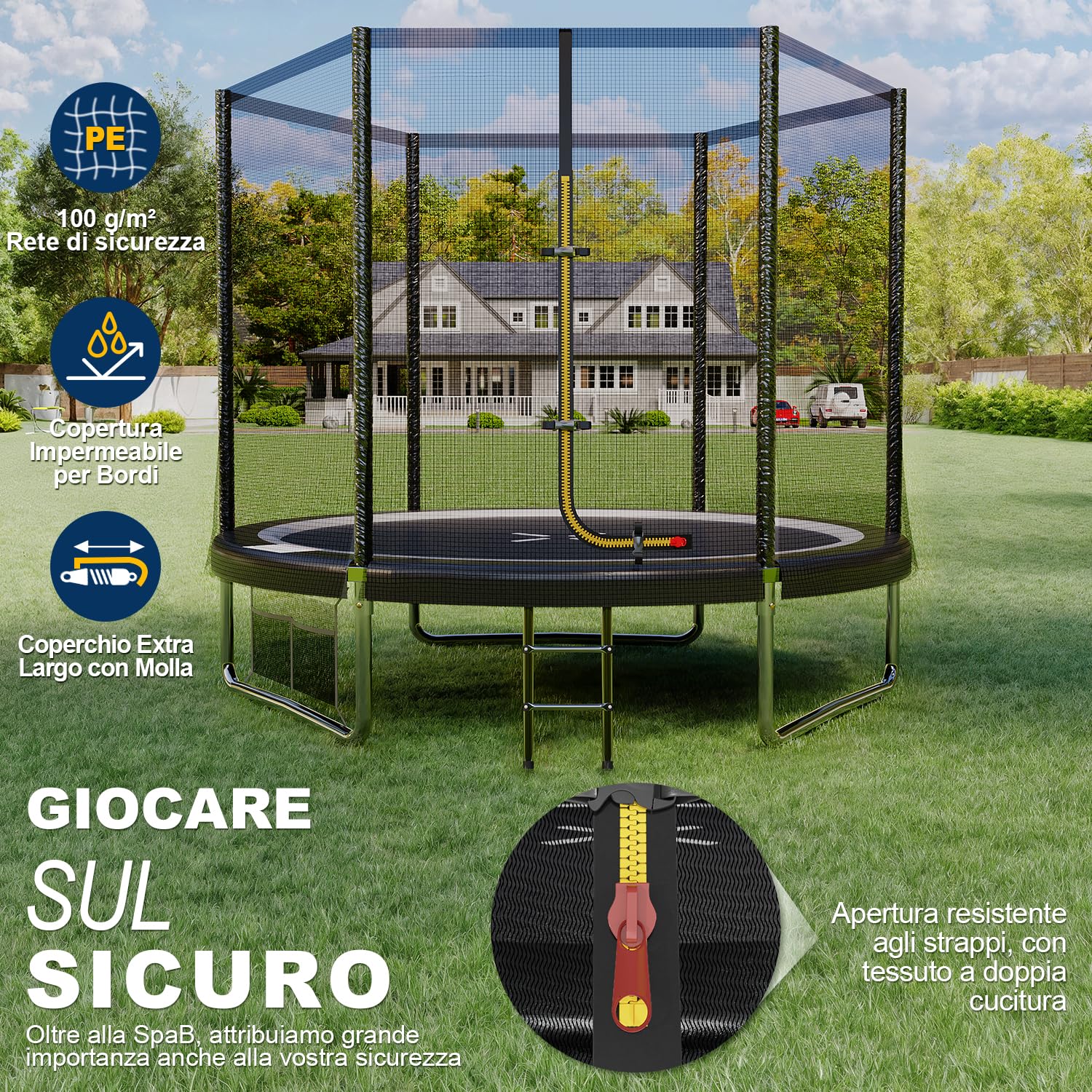 JUMMICO Trampolino esterno Ø 183/228/305/366/427 cm, trampolino da giardino per bambini con scala e tasca laterale