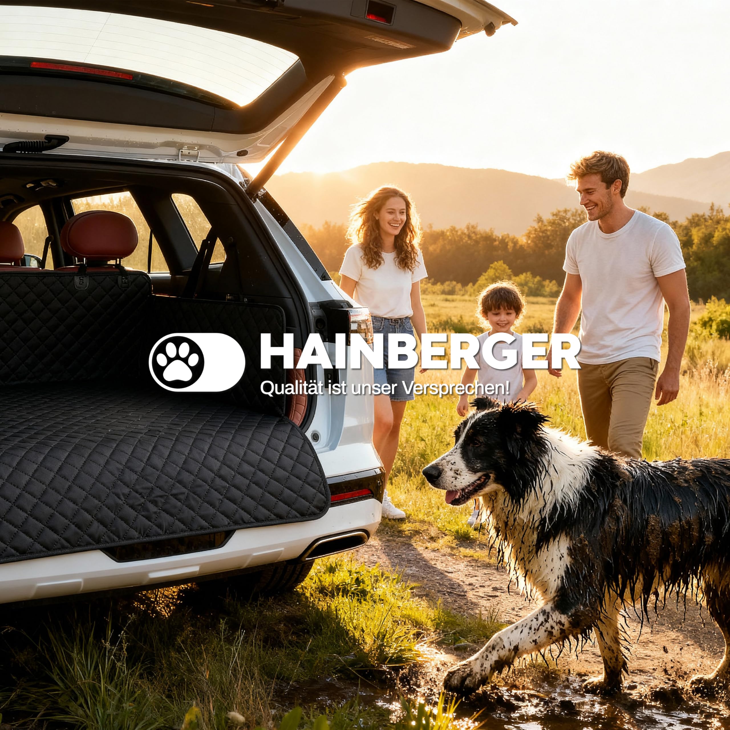 Hainberger Kofferraumschutz Hund gesteppt mit Seiten- und Ladekantenschutz Hundedecke Auto Kofferraum Wasserdicht und Kratzfest, Universal Kofferraum Schutzmatte für Hunde 174 x190cm (Schwarz)