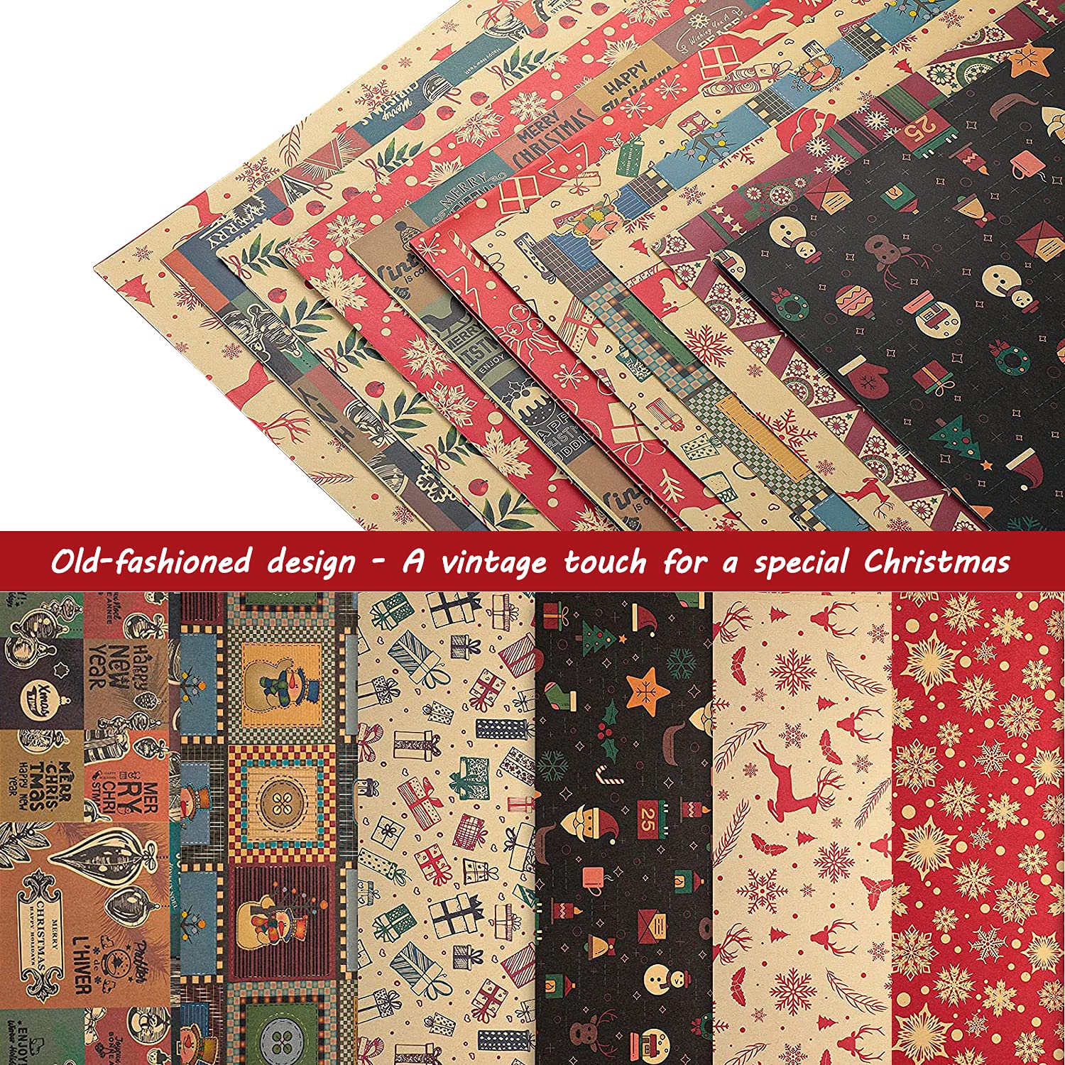 FullJoyHut Set met inpakpapier voor kerstcadeaus, 6 vellen gerecycled kerst kraftpapier 70 x 50 cm, 10 papieren cadeaulabels voor kerst, 12 stickers, 2 rollen jute touw voor het inpakken van