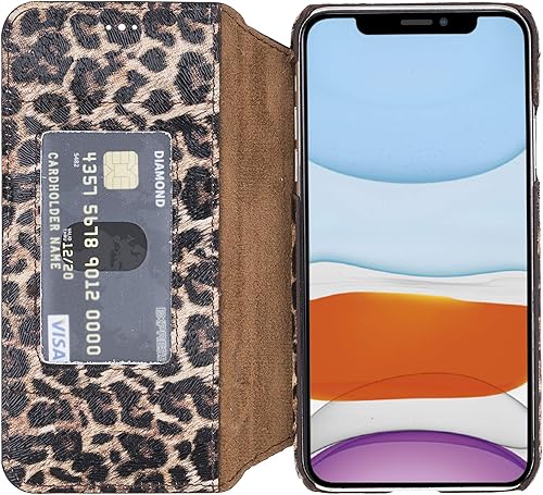 Venito Venice - Funda delgada compatible con iPhone 11 Pro Max con soporte, cartera, cierre automático y función de bloqueo RFID (patrón de leopardo)
