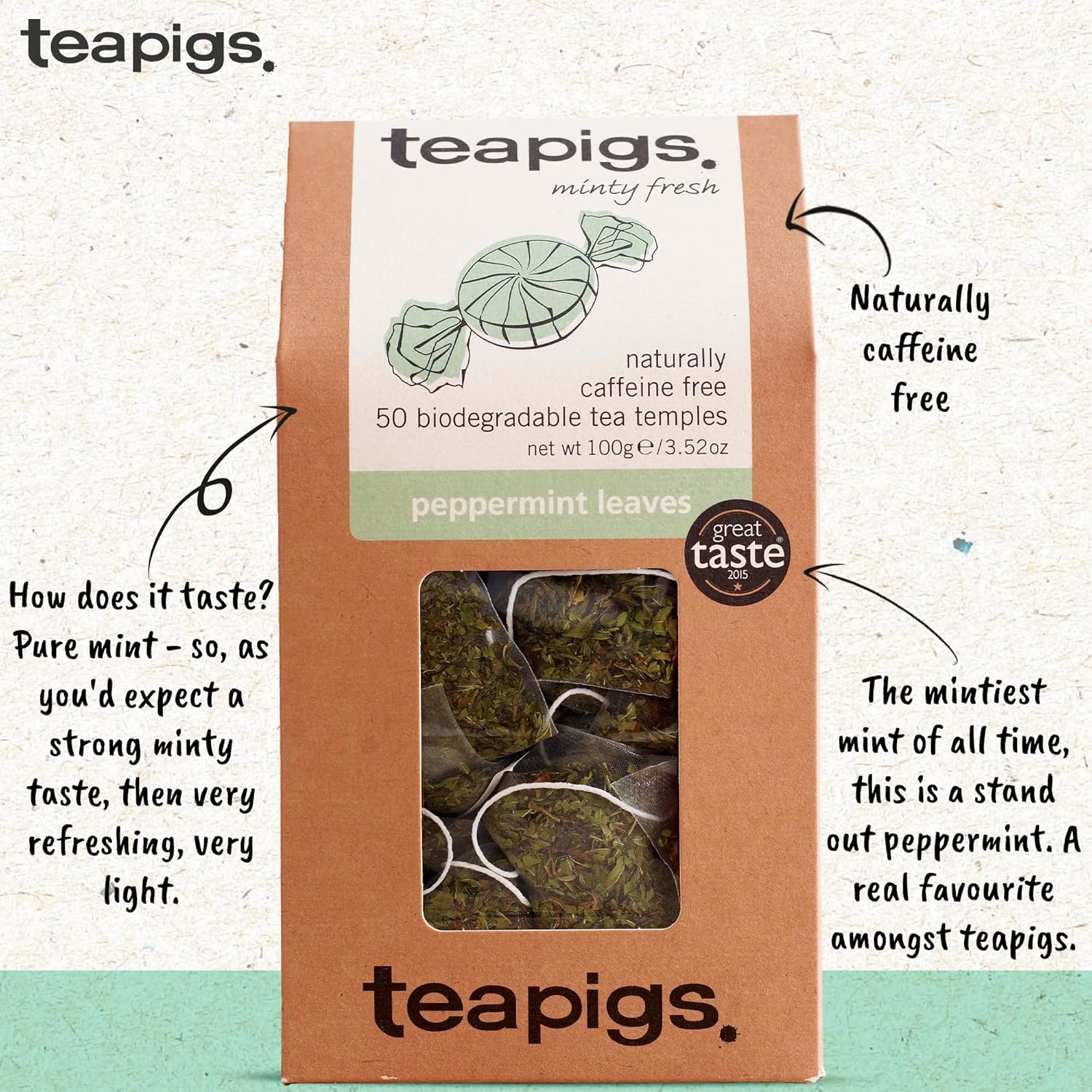 Teapigs Peppermint Leaves Tea Bags Made with Whole Leaves, Caffeine-Free, Natural Ingredients (1 Pack of 50 Teabags) - Image 3