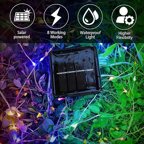 Miniatura 2 de Guirnalda de luces solares decorativas para exteriores, 2 paquetes de 33 pies, 100 luces LED de alambre de cobre impermeable, para exteriores,