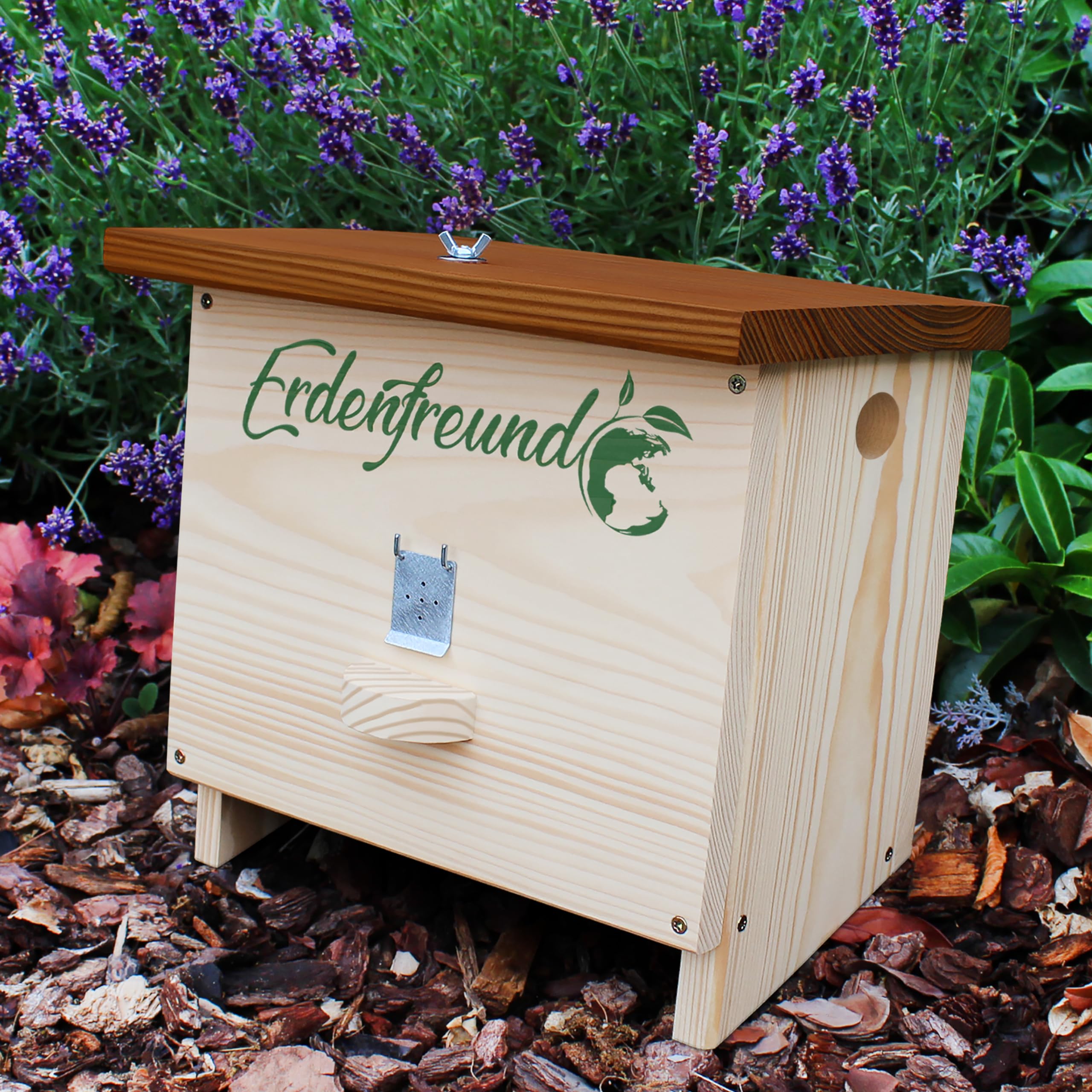 Erdenfreund® Hummelhaus mit Wachsmottenklappe und Räuberschutz Dachverschluss Hummelhotel + austauschbarer Nistkarton, Natur-Nistmaterial & Anleitung