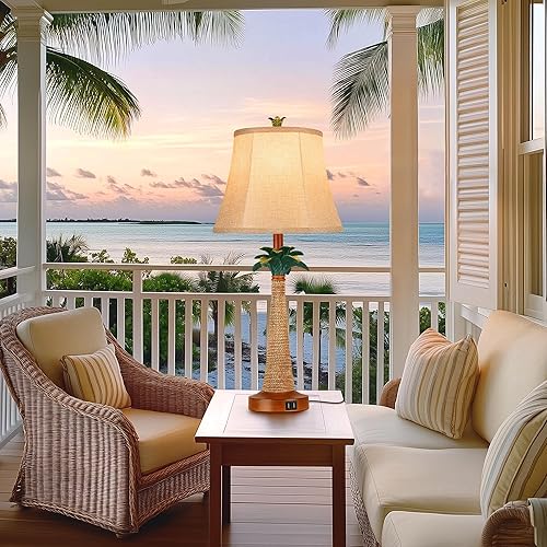 Miniatura 7 de Juego de 2 lámparas de mesa con palmera costera con 2 puertos USB para sala de estar, playa, lámparas náuticas para mesita de noche para dormitorio,