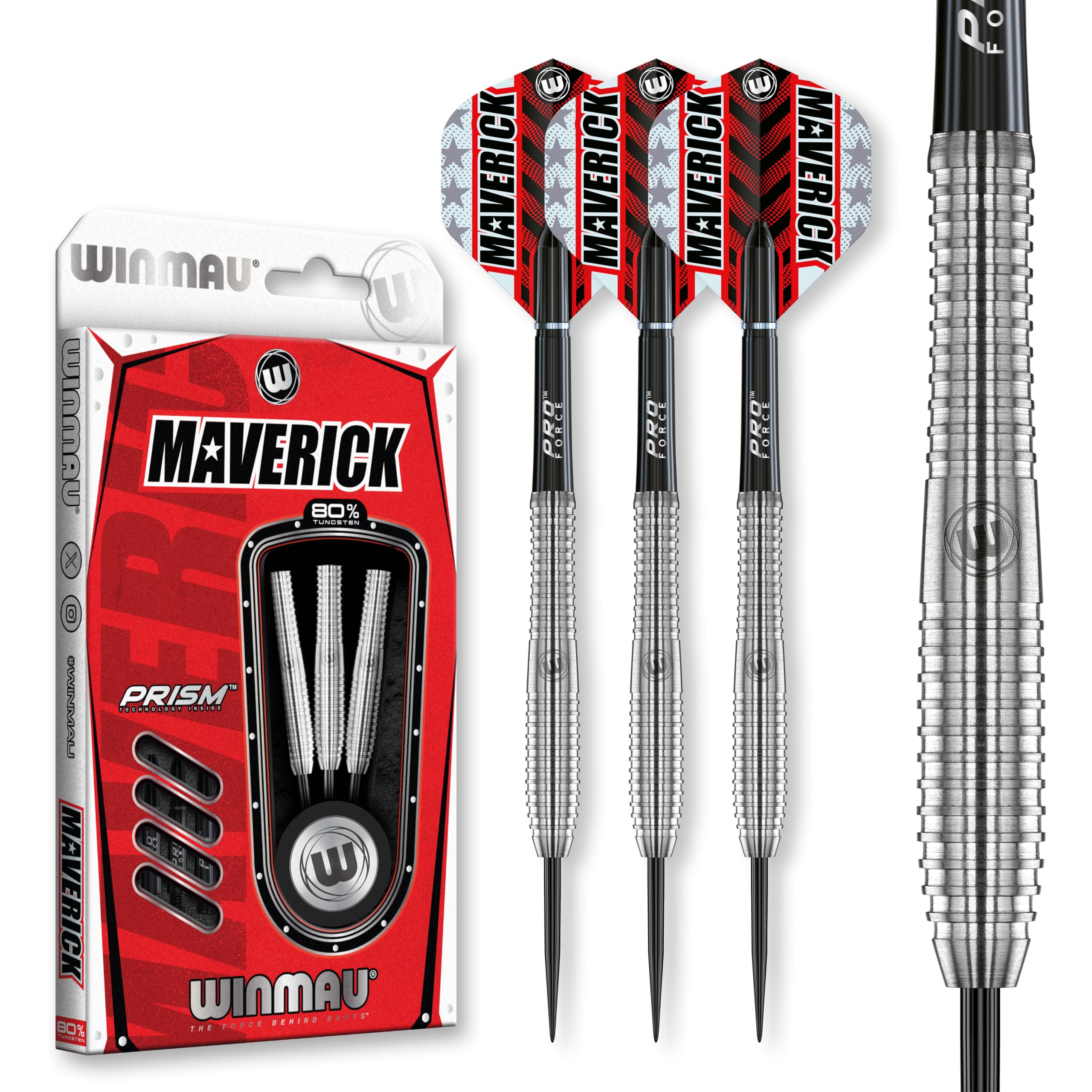 WINMAU Maverick 21-25 Gram Professional Steeltip Tungsten Darts Set with Flights and Stems (Shafts)