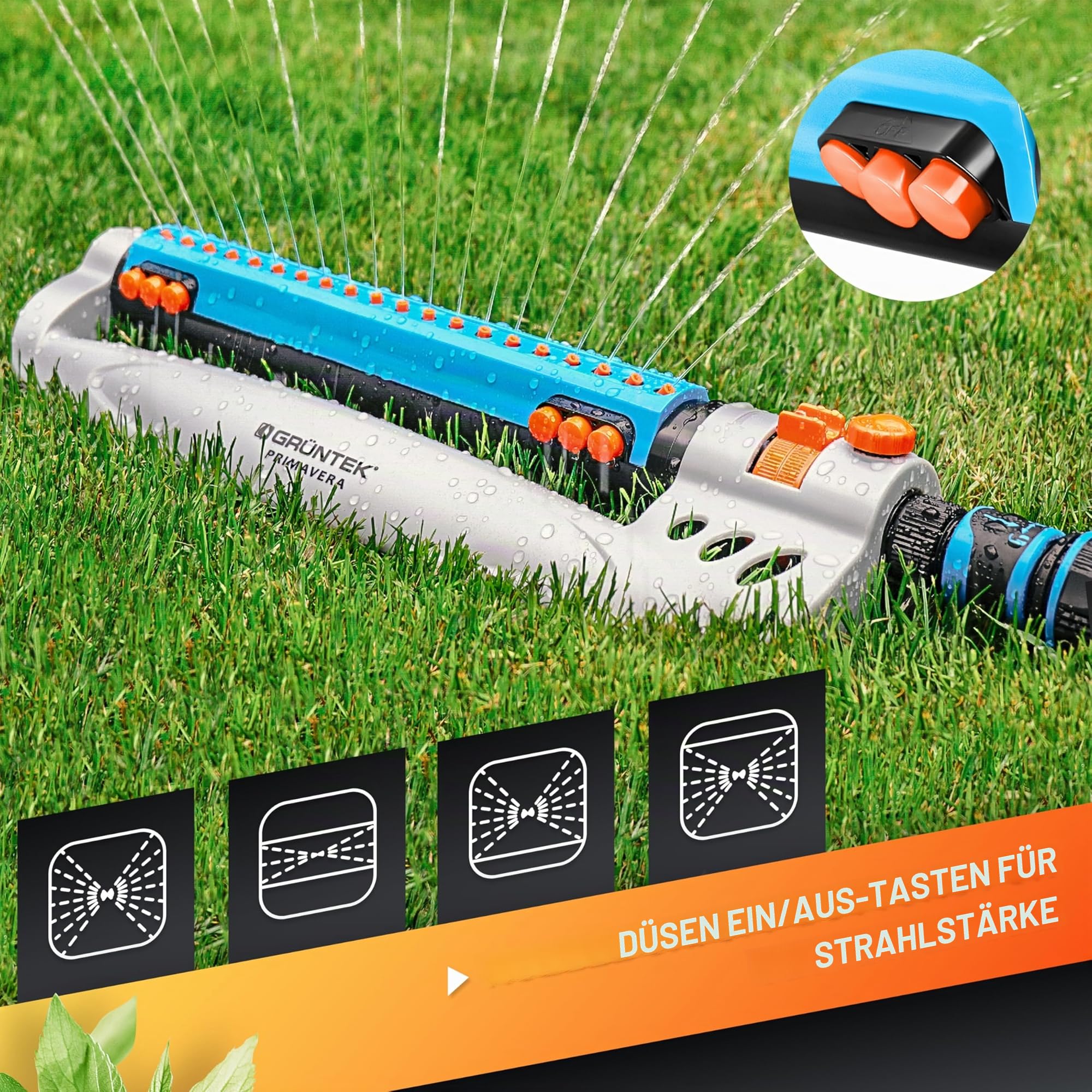GRÜNTEK Rasensprenger bis 462 m2 für große Rasenflächen mit Turbo-Motor, Viereckregner Rasen-Sprinkler mit Variabler Breite, größte Bewässerungsfläche
