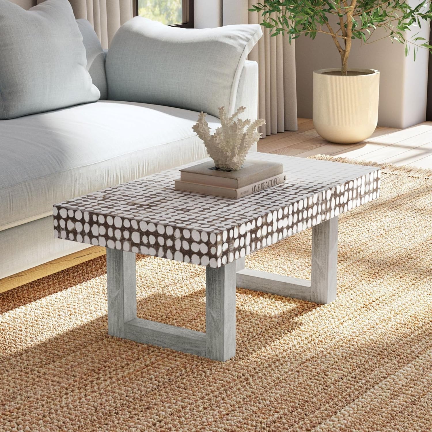 East at Main White Coffee Table – Handmade Accent Table with Coconut Shell Inlay, 40" Rectangular Wood Table for Living Room, Coastal Farmhouse or Boho Decor