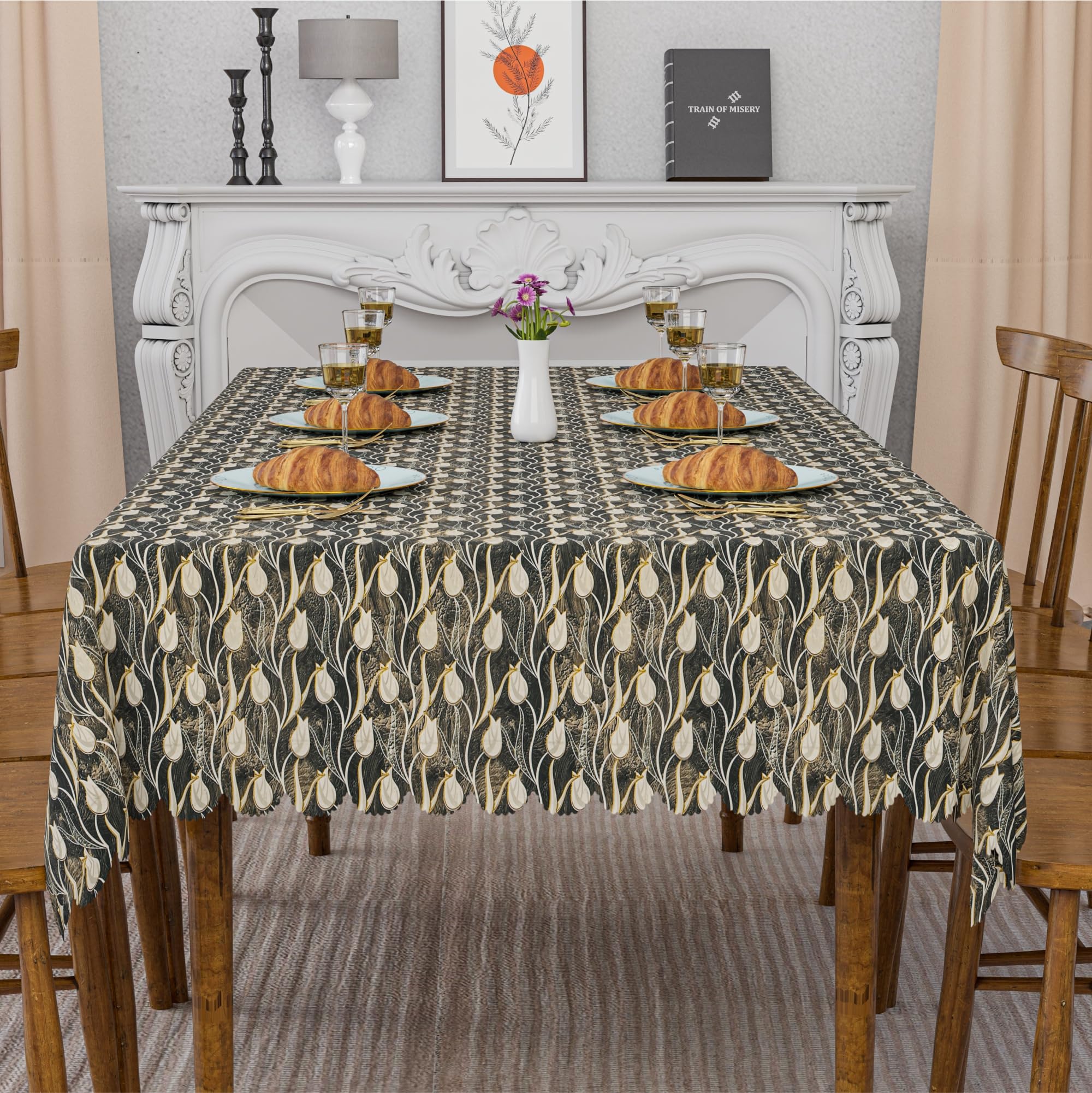 Kuber Industries 137 x 188 cm PCW pokrowiec na stół do jadalni 6-osobowy do salonu, pokrowiec na blat, arkusz ochronny do jadalni, luksusowy tulipan, brązowy