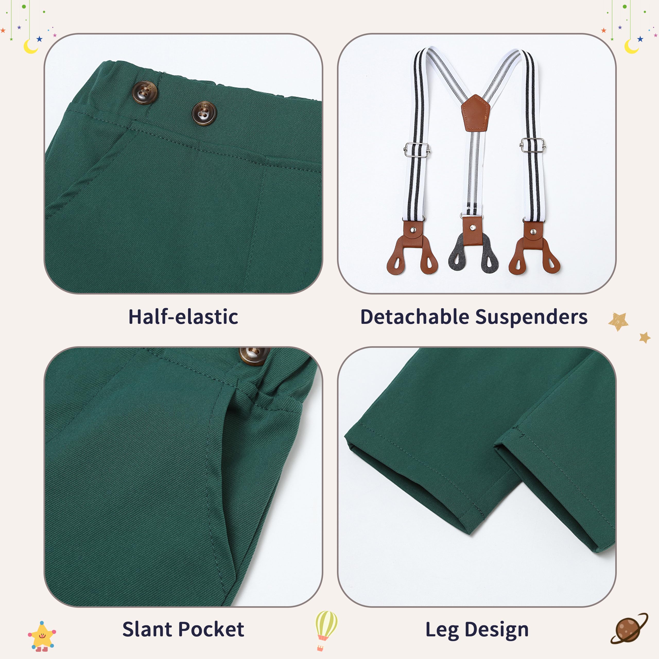 Volunboy Bebé Niño Caballero Conjunto, Cuadros Camisa con Pajarita + Tirantes Pantalones 5 Piezas Traje Ropa(18-24 meses,Tamaño 90,Verde)