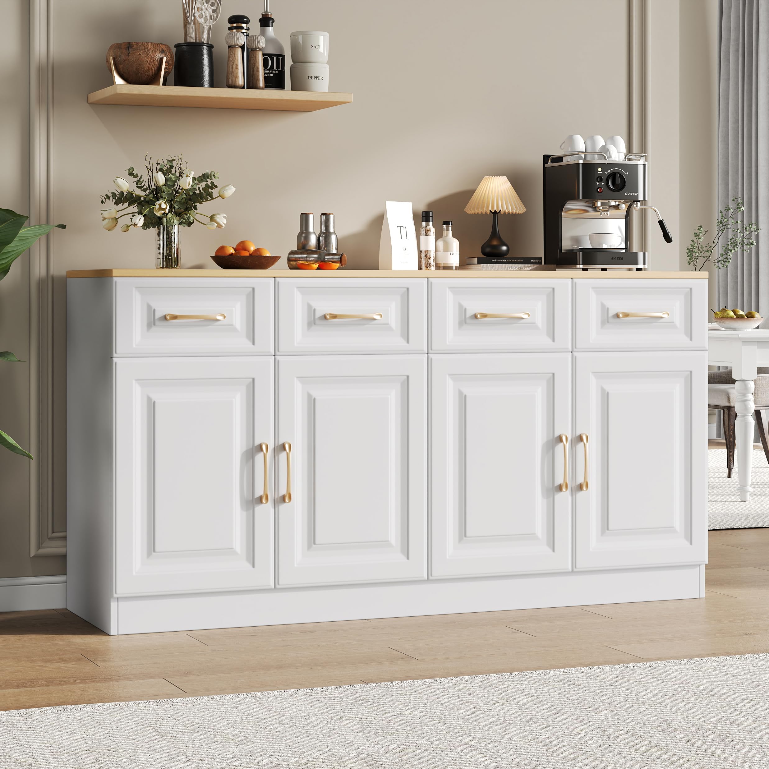 Aparador Cocina, Aparador Mueble De Cocina, Buffet Comedor con 4 Cajones y 4 Puertas, Mueble Bar, Aparadors Vitrina para Dormitorio, para Salon, Comedor, Sala de Estar, 140×40×75 cm (Blanco-A)