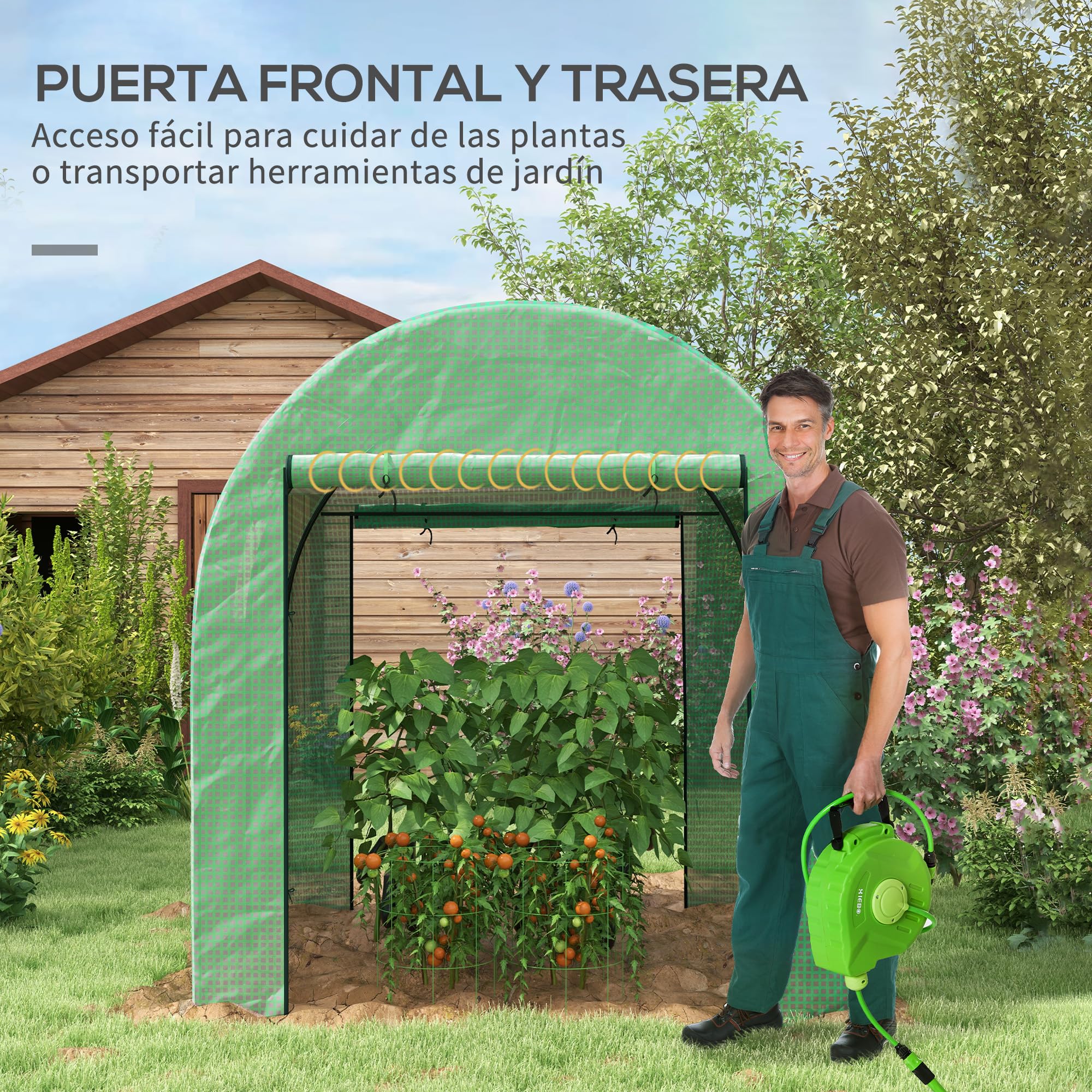 Outsunny Invernadero de Exterior de Túnel 2 Puertas 180x180x200 cm Verde | Enrollables, 2 Ventanas de Malla, Cubierta PE 135g/m², Anti-UV, Marco de Acero, para Cultivos, Plantas