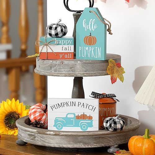 Juego de decoración de bandeja escalonada de otoño, 17 piezas de letreros de madera de otoño azules, hojas de arce, calabazas a cuadros de búfalo,