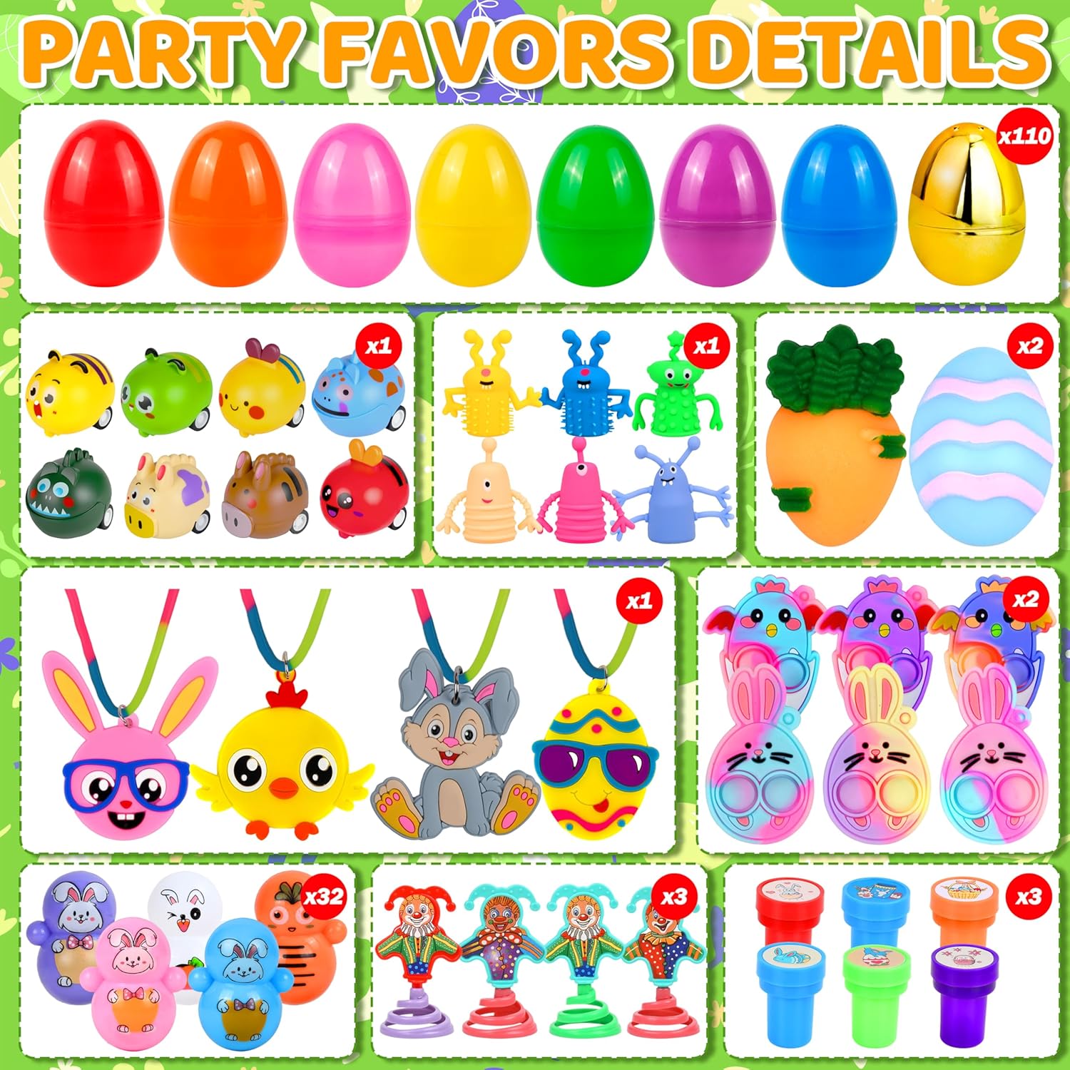 330 Pcs Prefilled Easter Eggs Set, 110 Plastic Eggs Filled with 220 Mini Toys and Stickers for Easter Egg Hunt, Basket Stuffers and Party Favors