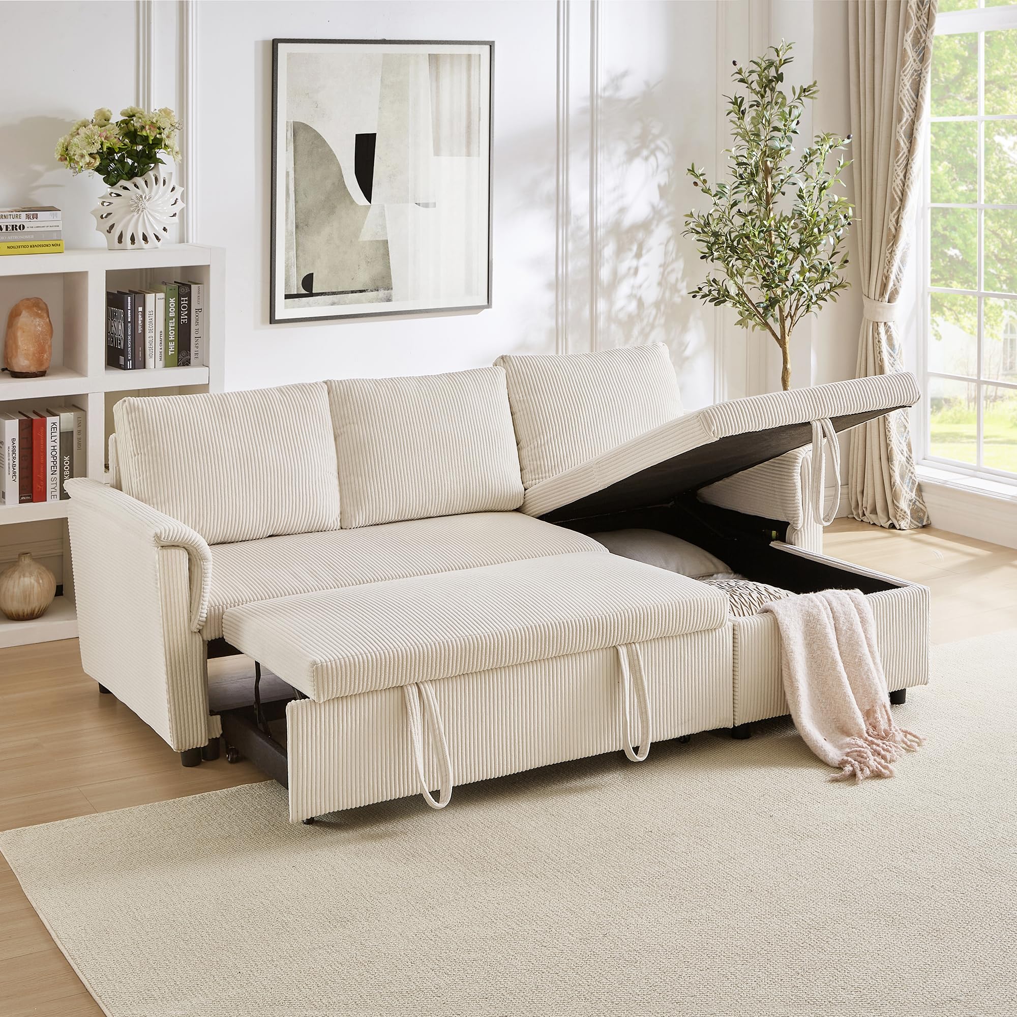 Ball & Cast L-Shape Reversible Sectional Sleeper Sofa Bed 4 in 1 Pull Out Couch with Storage Chaise&Removable Backrest,Convertible Sleeper Corner Couch Pull-Out Sofa Bed for Living Room,Corduroy,Beige