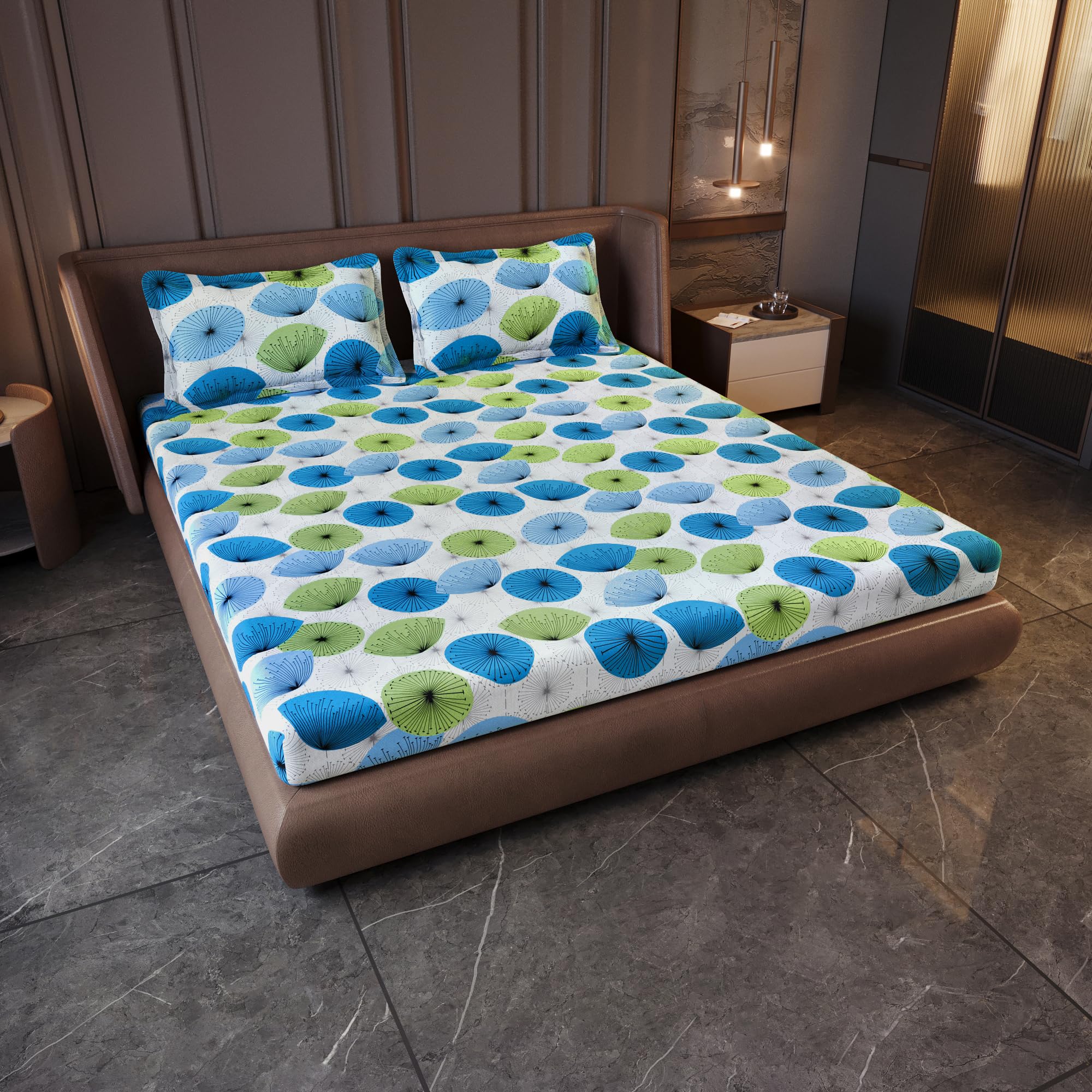 Divine Casa 144 TC 100% Cotton King Size Bedsheet with 2 Pillow Covers | Soft Breathable Wrinkle Free Bed Sheet Set | Printed Bedding for Bedroom | 270 x 270 cm (Aqua Green, Floral)