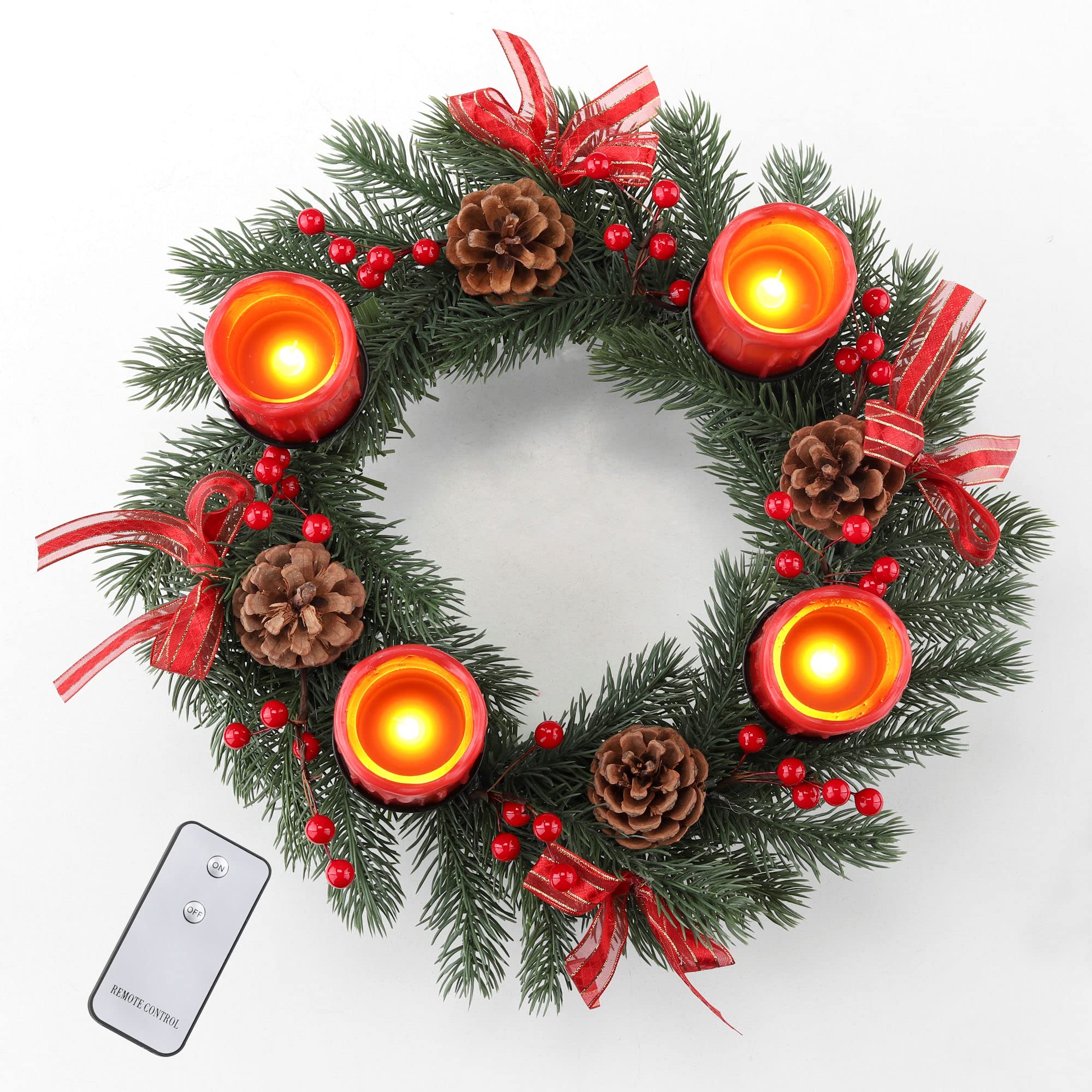 Spetebo Corona de Adviento con 4 velas LED y mando a distancia – Corona de Navidad roja con velas de cera real