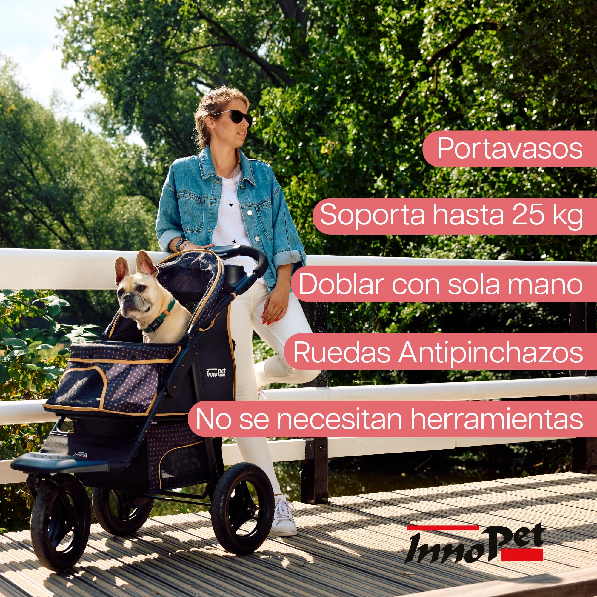 Innopet Adventure negro/amarillo - Cochecito todoterreno para perros hasta 30kg, ruedas EVA antipinchazos de 12”, plegado rápido, portavasos y cesta amplia