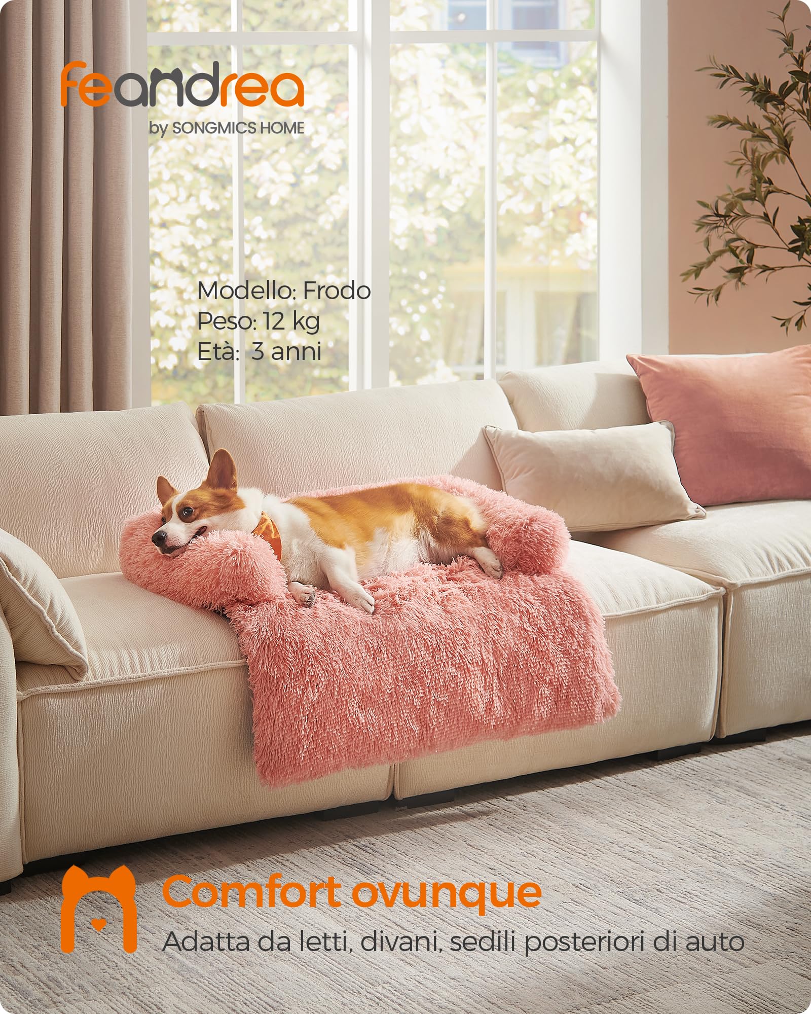 Feandrea FluffyHug Cuccia per Cani di Peluche, Tappeto Copridivano per Animali, Divano per Cani, L, per Cani Medi, 95 x 85 x 16 cm, Rosa PGW222R01