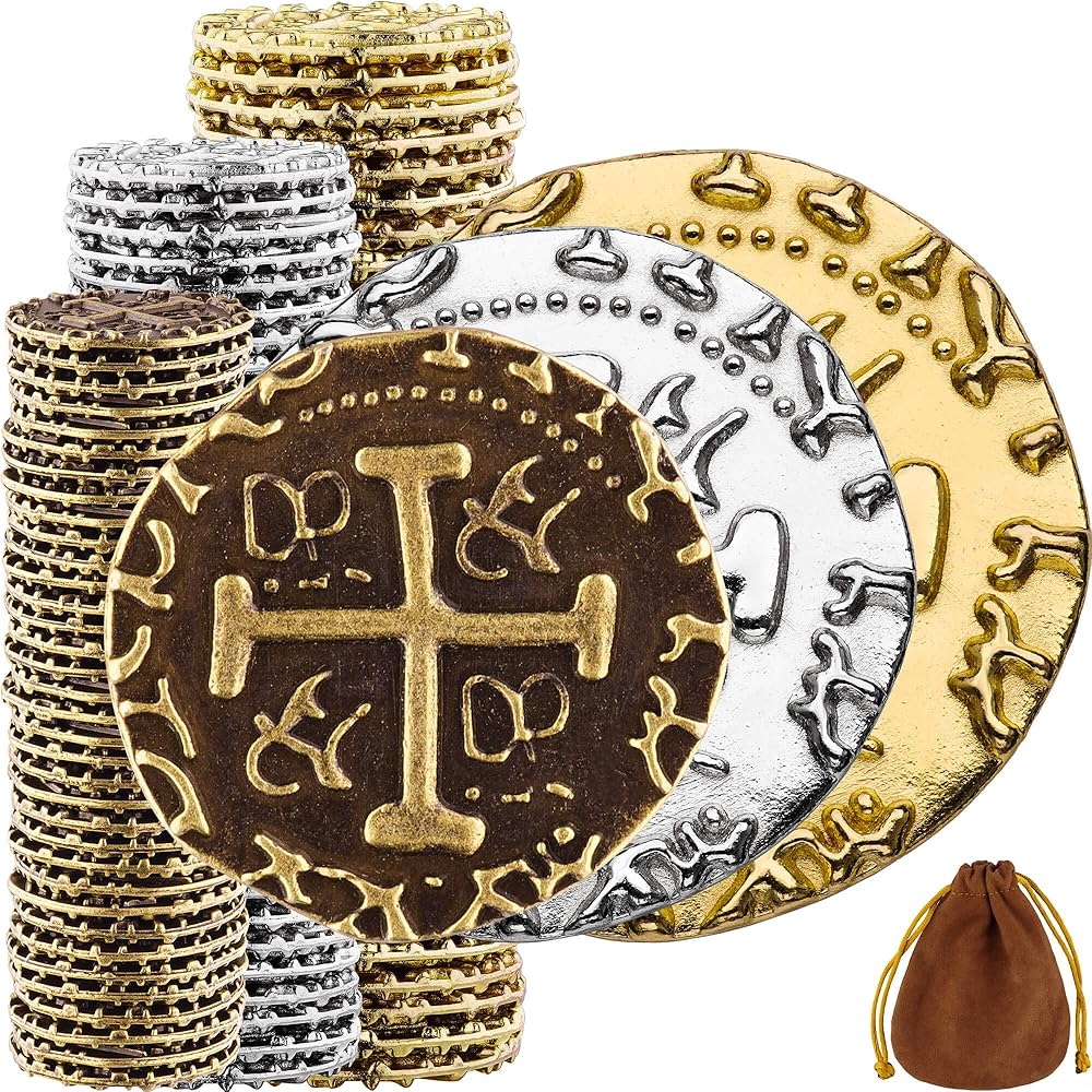 Large Pirate Coins - 102 Bronze, Silver & Gold Treasure Coin Set - Metal Replica Spanish Doubloons for Pirate Party Decorations & Favors, Tokens, Cosplay - Pirate Treasure Chest - M, L, XL Sizes