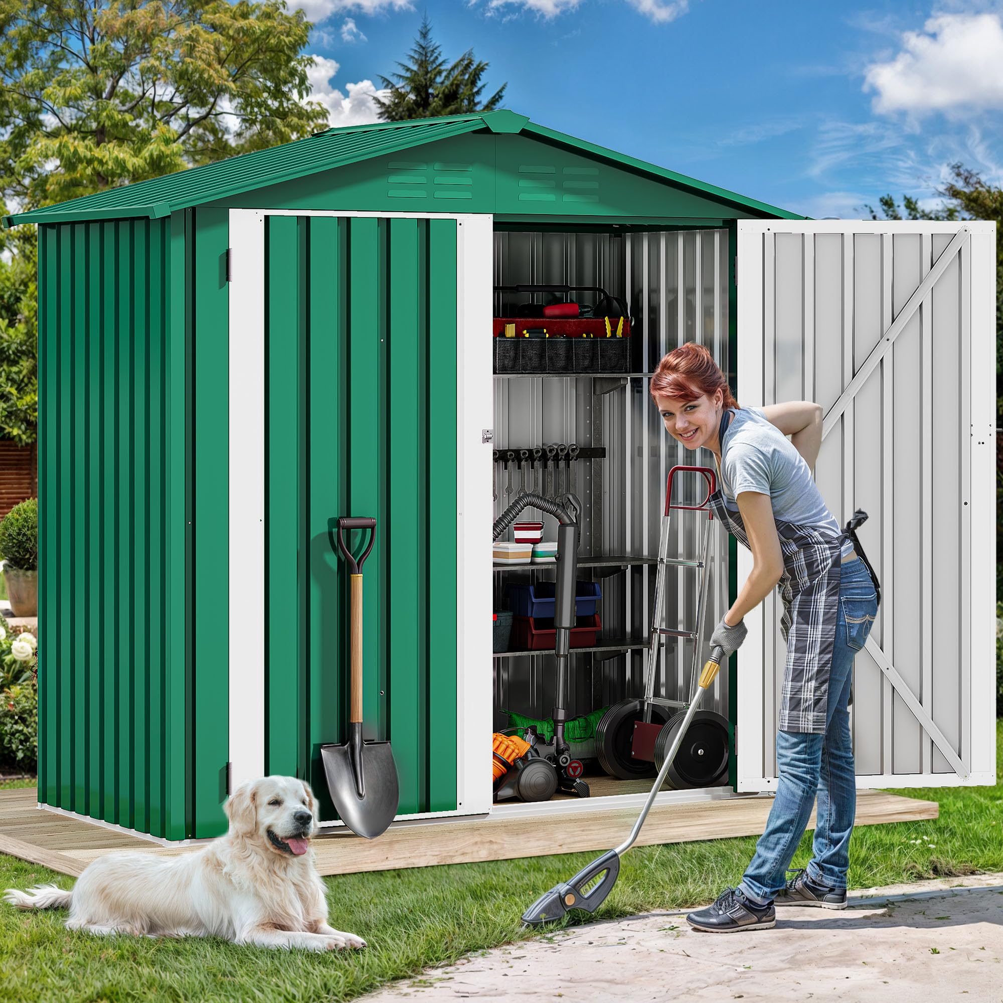 YITAHOME Metall Geräteschuppen Gerätehaus Gartenhaus Gartenhütte,Gruen | 171x87x184cm|6x4 klein|Rasenmäher Gartenschuppen|Satteldach|Abschließbar|4 Lüftungsöffnungen|Gartenhaus mit Tür|Wetterfest