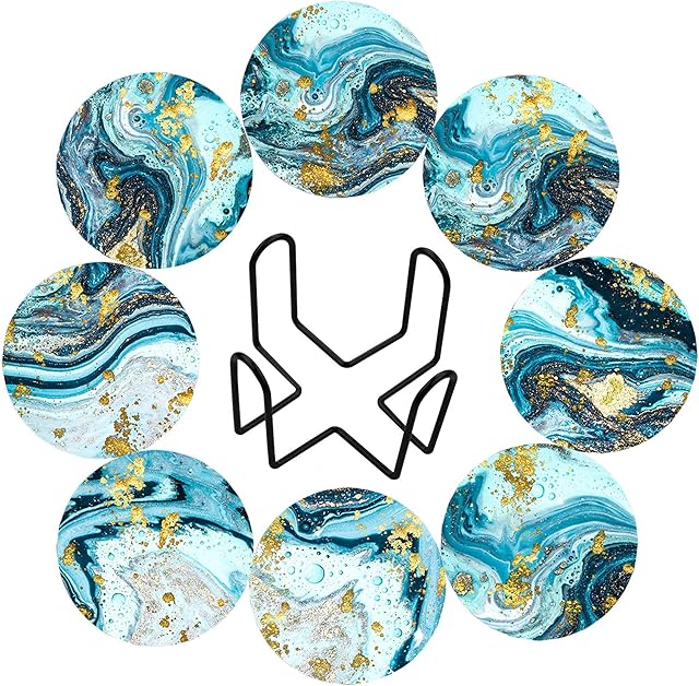Memeyou Funny Marble Coasters for Drinks Cute Round Absorbent Ceramic Stone with Holder Colorful Heavy Drink Coasters Set of 8 with Cork Base for Coffee Wooden Table Desk Protection Teal Gold