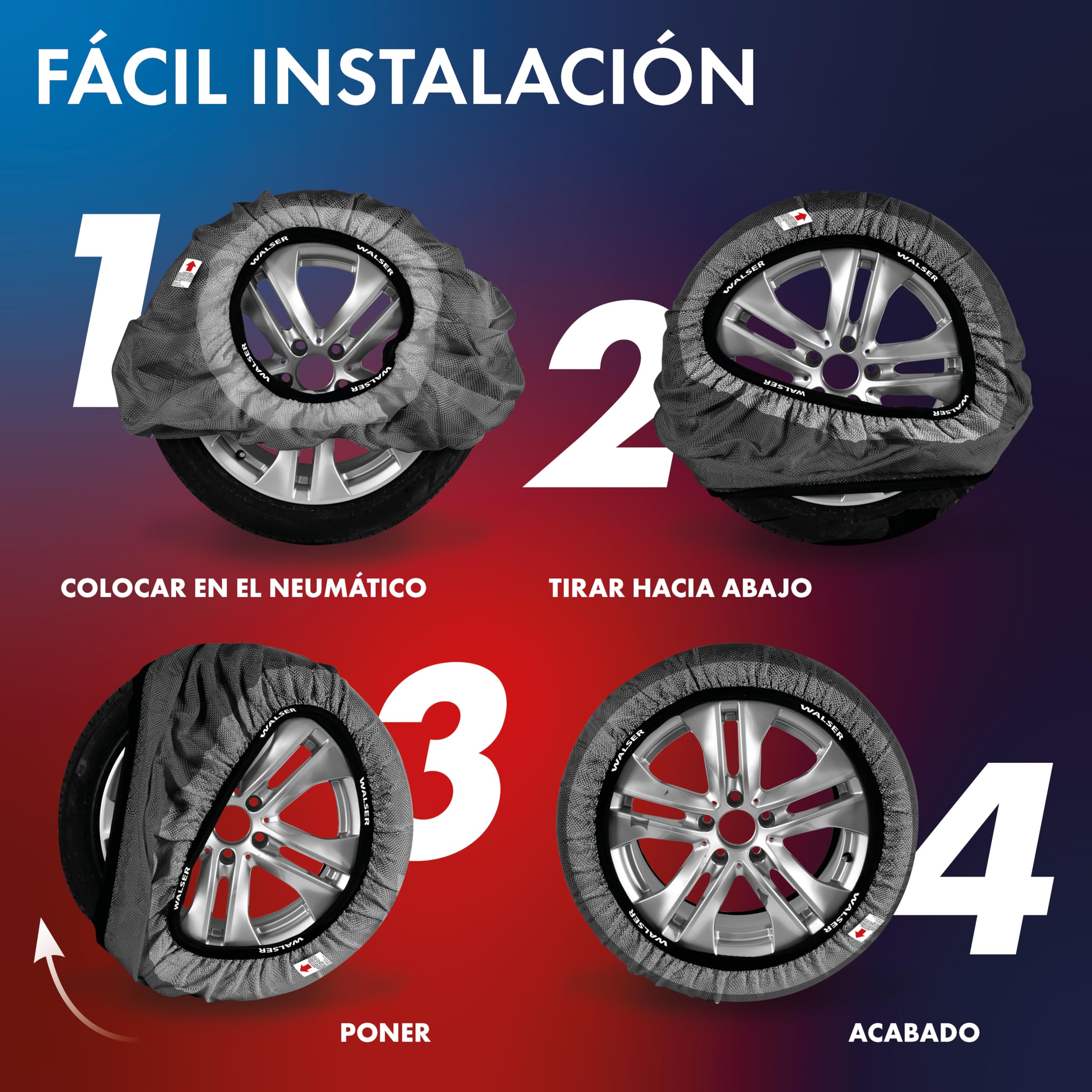 Walser Premium Cadenas de Nieve Ultra Grip, Juego de 2 Cadenas de Nieve Textiles, Dos Fundas Rueda Nieve para Coche, Cadenas de Nieve Textiles, Cadenas de Invierno Coche tamaño de llanta R13-R22, XL