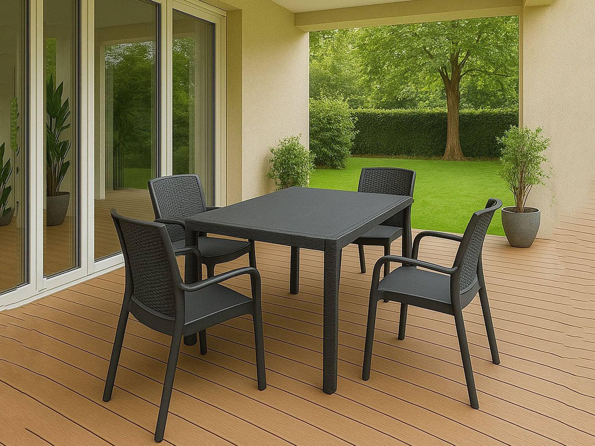 Dmora - Set Salotto da Esterno Roccaraso, Salottino Outdoor e Indoor, Tavolo Rettangolare Fisso con 4 sedie impilabili, Made in Italy, Antracite