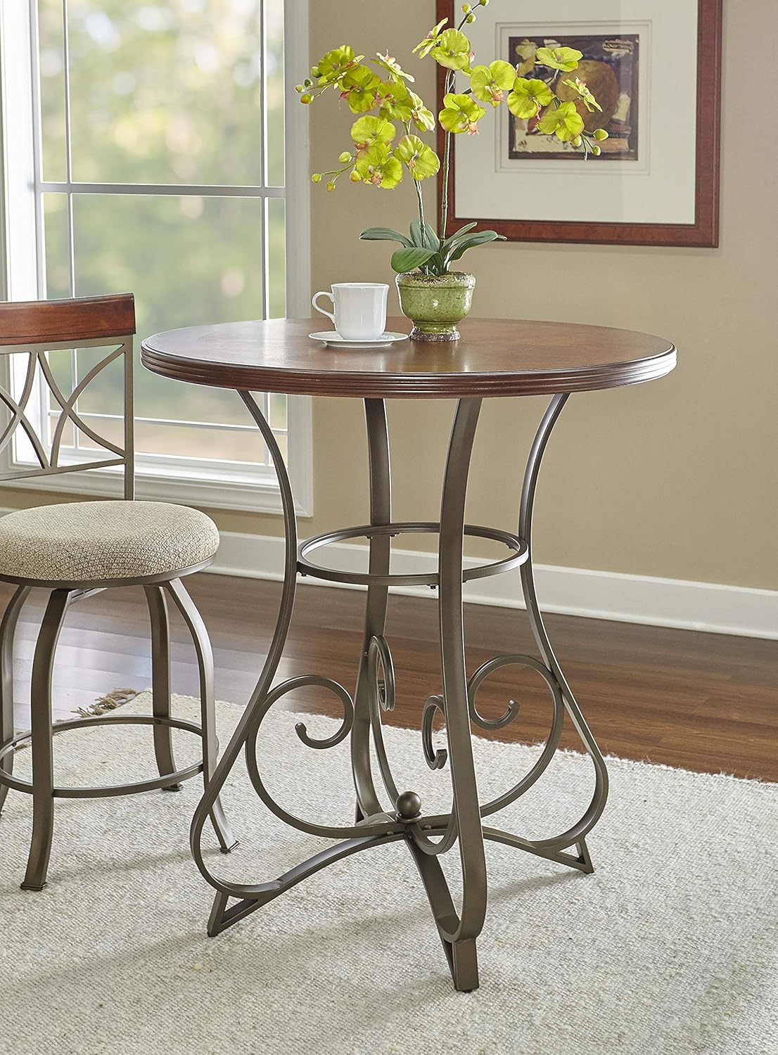 Powell 697-404 Hamilton Pub Table, Brushed Faux Medium Cherry wood Matte Pewter & Bronze metal 36" x 36" x 42" tall: Furniture & Decor