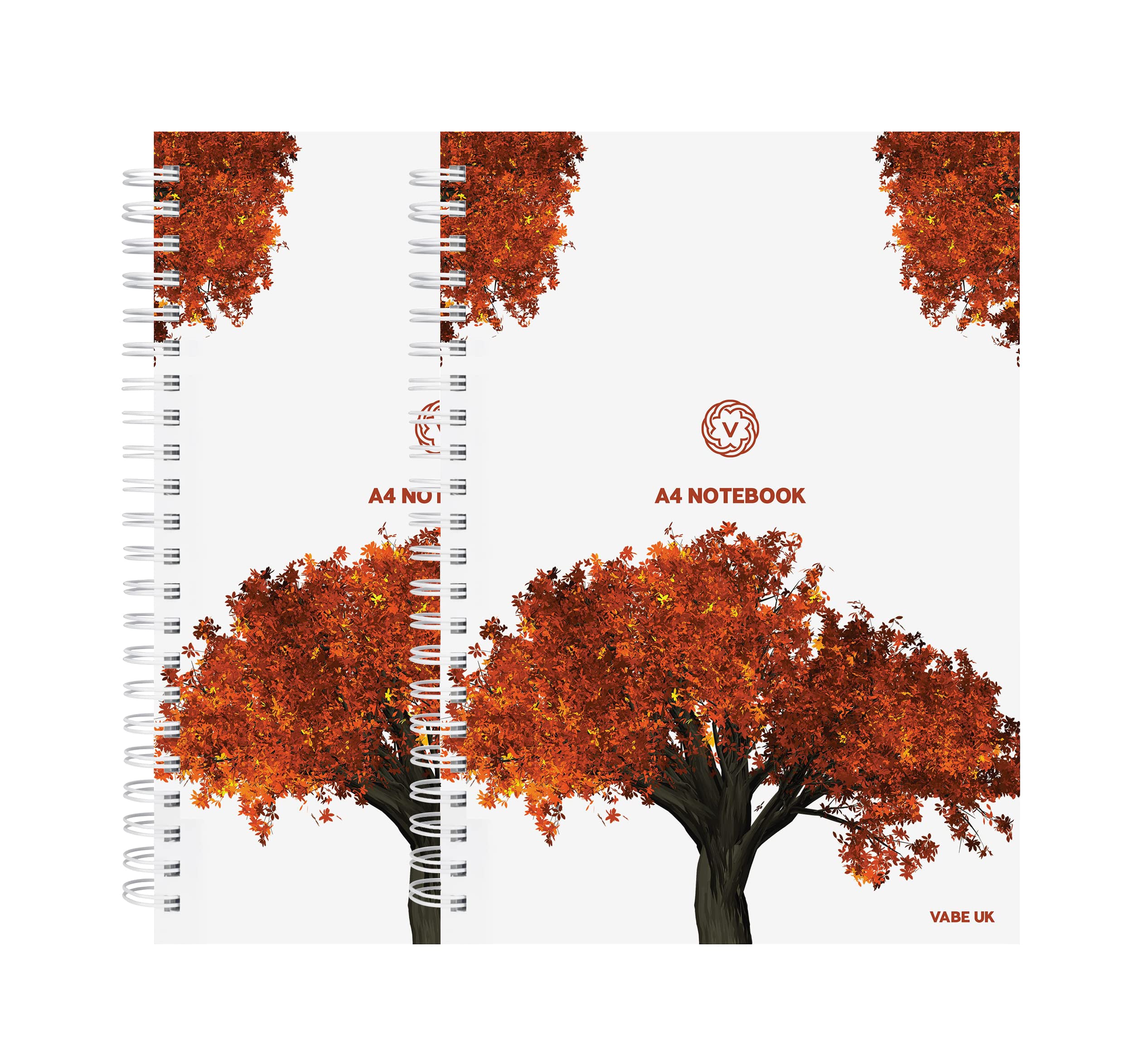 VABE UK A4 Notebook Lined - 200 Pages A4 Wirebound Notebook (100 Sheets) - 100gsm Spiral Ruled Book - Classic A4 Lined Notepad with Thick Laminated Cover (Pack of 2, Autumn Tree Design)