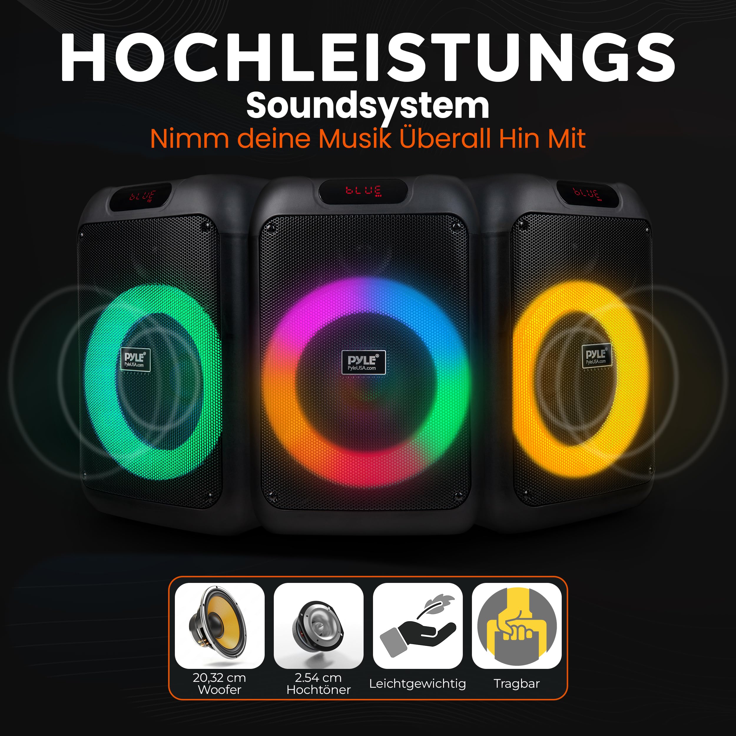 Pyle Partybox Bluetooth Lautsprecher Groß – 100W, LED-Lichtshow, Kräftiger Bass, EQ, TF, AUX, mit Fernbedienung & Tasche, Schnellaufladung, Ideal für Party & Feste