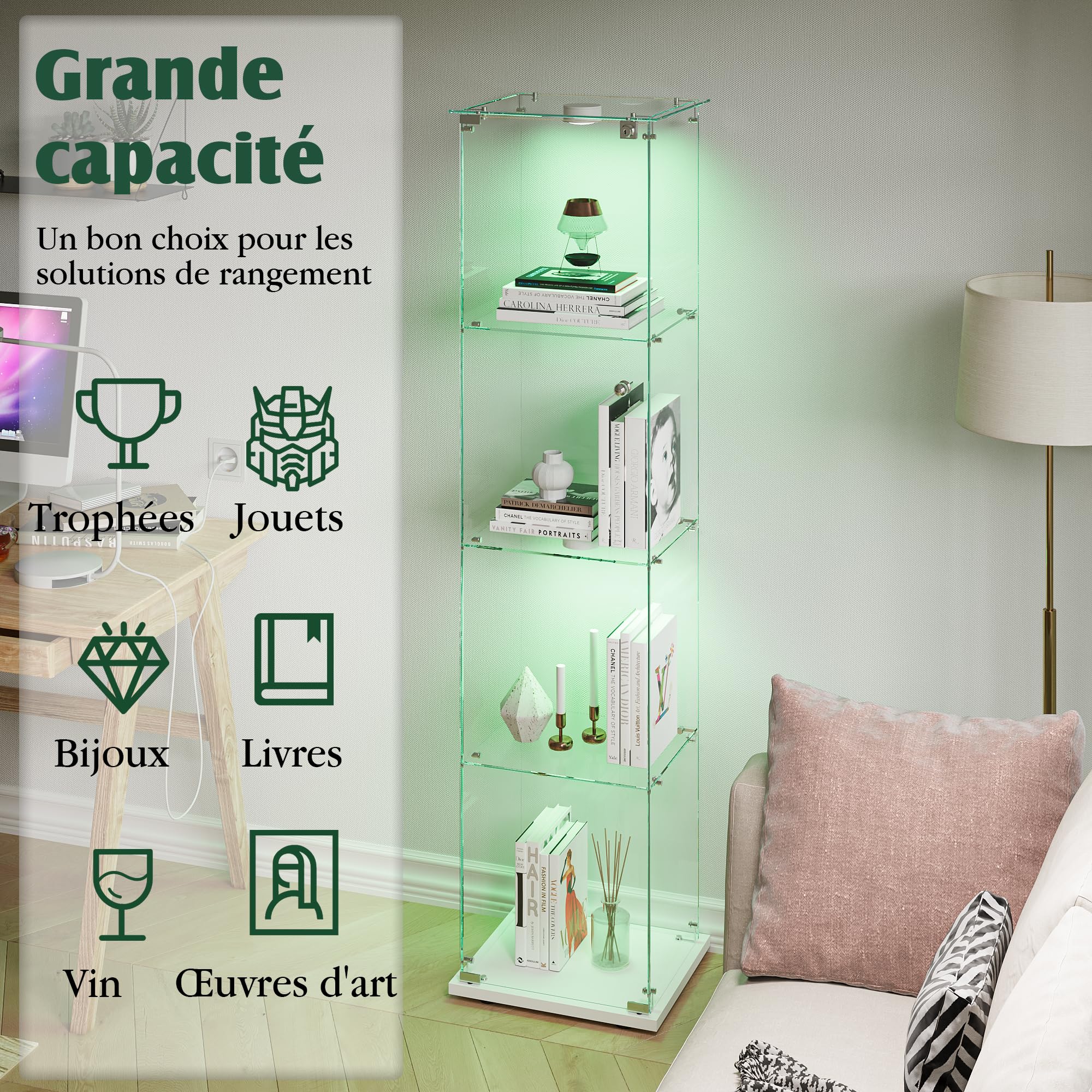 vitrina de cristal, armario de colección moderno de cristal de 4 capas, con luz LED multicolor, escaparate para manualidades, salón, libros (blanco, 1 puerta de 4 pisos)