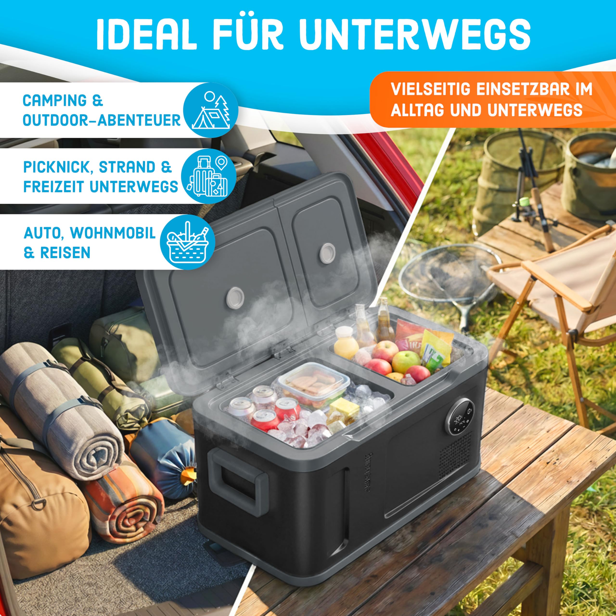 KESSER® Glacière à compresseur 2en1 double zone de réfrigération & de congélation, électrique Glacière de congélation Commande tactile LED 12/24 V 230V, Réfrigération jusqu'à -20 °C 49 Litres