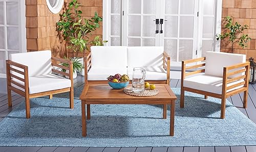 SAFAVIEH Outdoor Collection Kinnell Natural/Beige Cushion Solid Wood 4-Piece Conversation