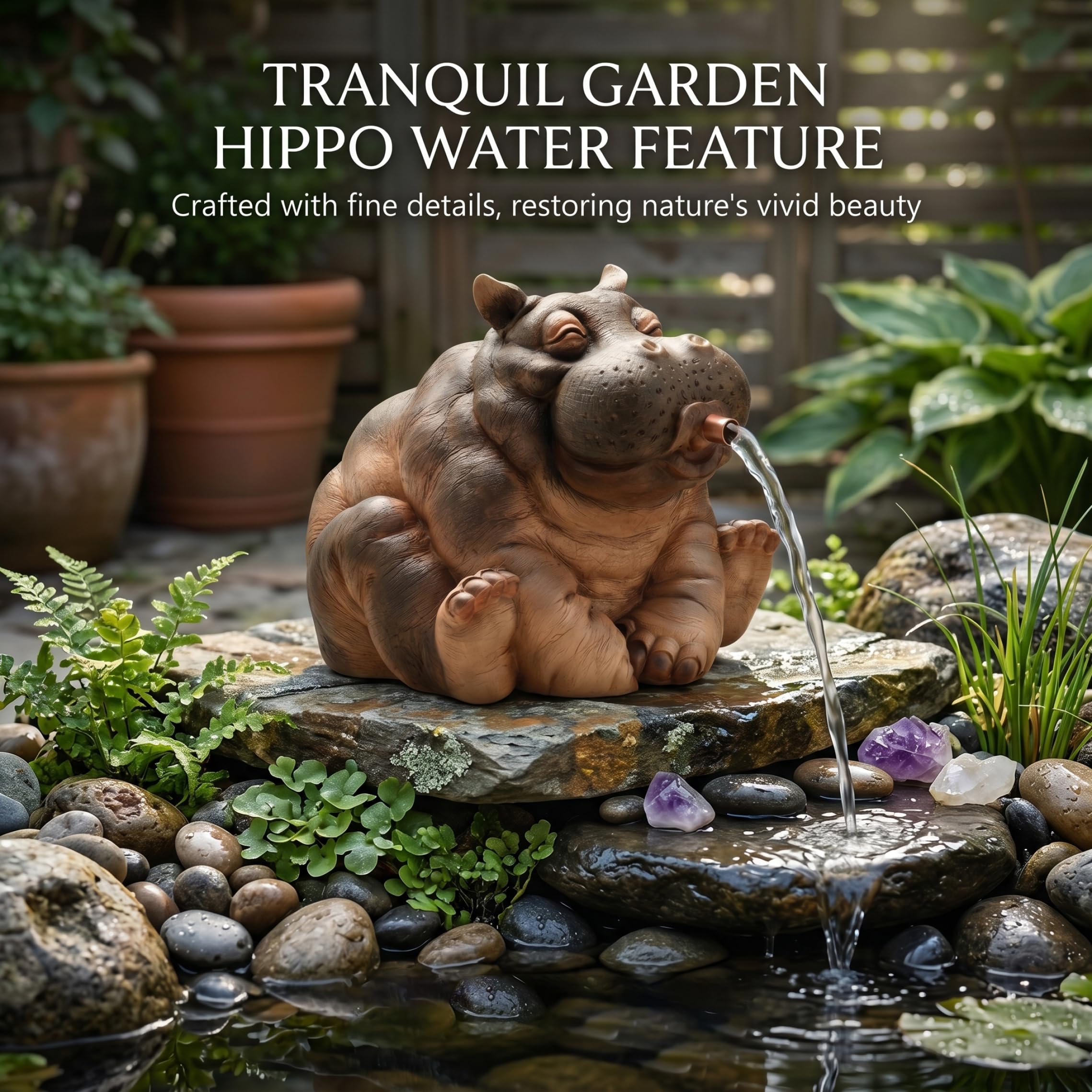 Teichspucker, realistischer Nilpferd-Brunnenspucker, Teichstatuen für Wassergärten, kleine Teiche und Aquarien.