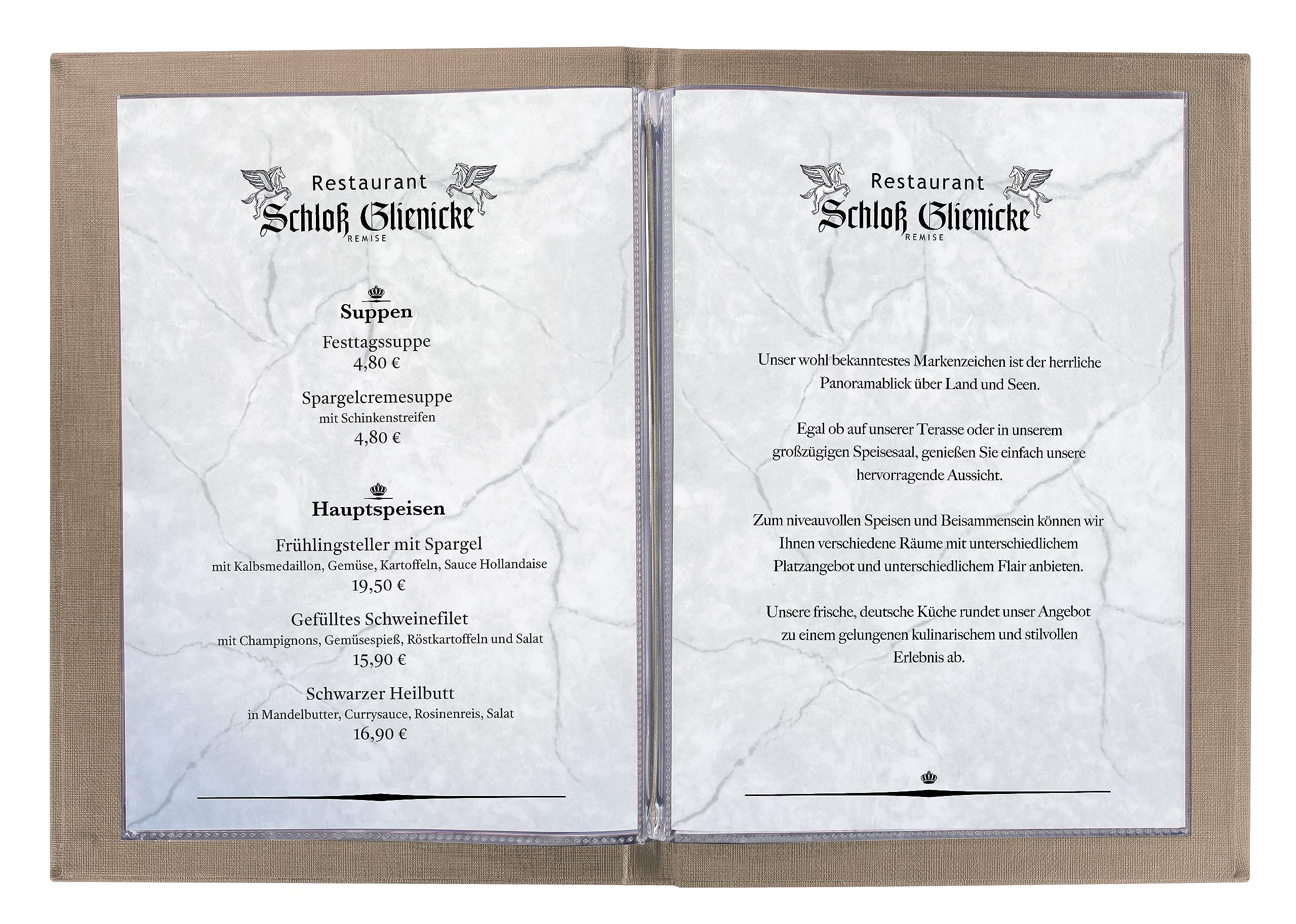 SIGEL SM210 segregator menu z elastycznym sznurkiem, z 2 przezroczystymi kieszeniami na 8 arkuszy DIN A4, menu do tłoczenia, ciemnobeżowy