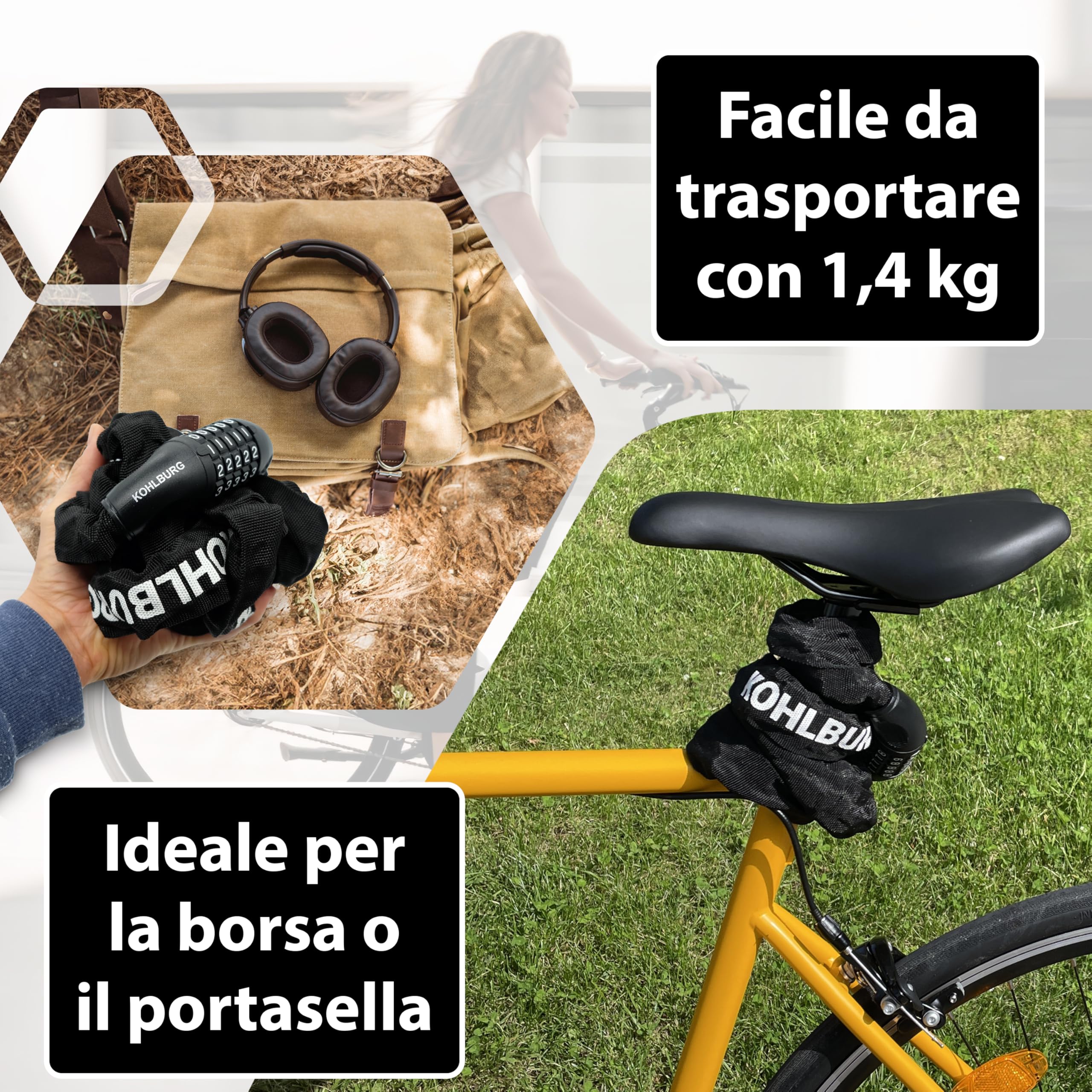 KOHLBURG Antifurto a combinazione 200 cm, Lucchetto in acciaio speciale da 6 mm, 2 m con codice numerico, Catena antifurto 200cm extra lunga con combinazione numerica per bicicletta, e‑bike, e‑scooter