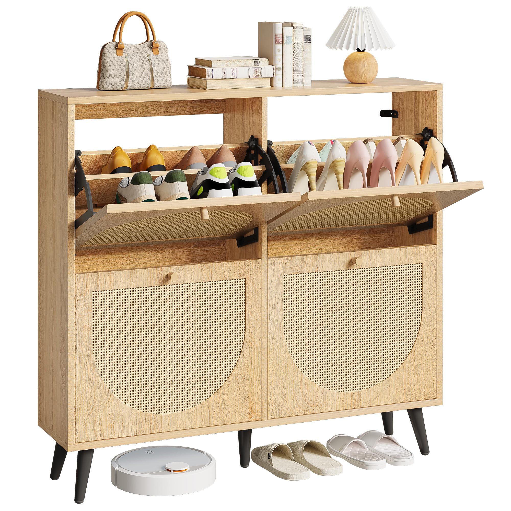 IRONCK Schuhschrank Rattan, schmal Schuhkipper mit 4 Klappen, freistehende Schuhregal, Schuhkommode mit verstellbaren Trennwände Schuhablage Schrank für Flur Eingang Wohnzimmer 100x24x95cm (Naturholz)