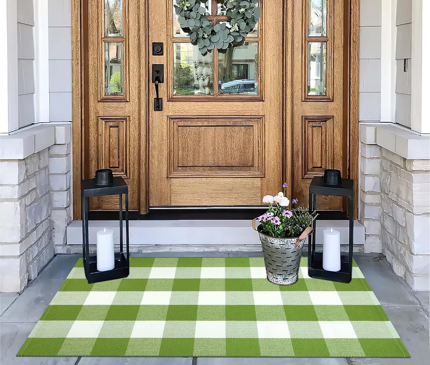Buffalo Plaid Outdoor Rug 27.5''x 43.3''Green and White Checkered Rug Cotton Machine Washable Farmhouse Mat for Outdoor, Kitchen, Farmhouse, Entryway,Bathroom