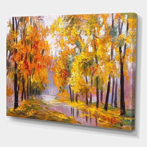 Miniatura 1 de Lienzo decorativo para pared, diseño de bosque lleno de hojas caídas en otoño, casa del lago, color naranja, 32 x 24 pulgadas