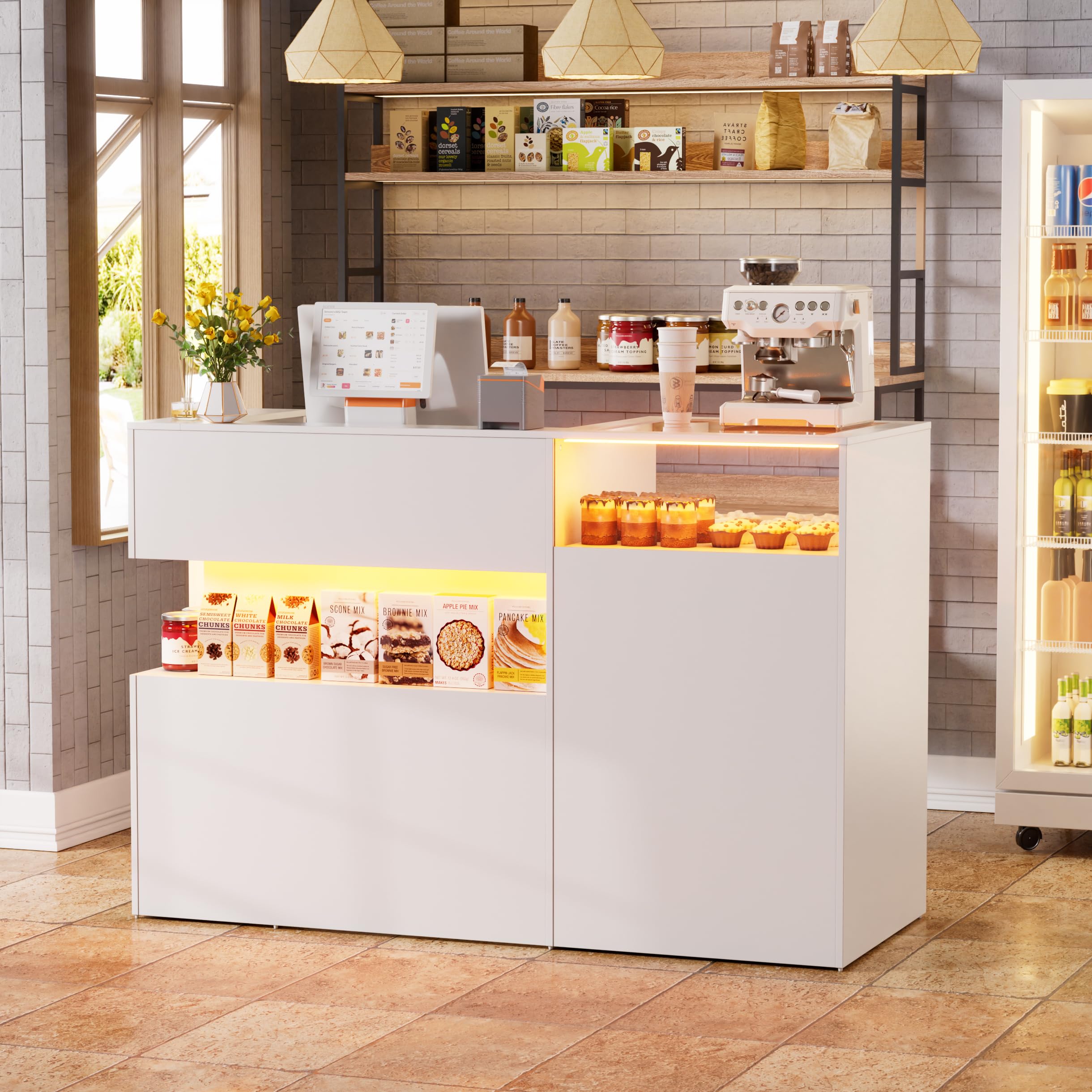 SDMY Reception Desk with Counter,59 inch Front Reception Counter with LED Light & Glass Display Shelf,Retail Counter with Drawers for Salon Lobby Checkout Office, White