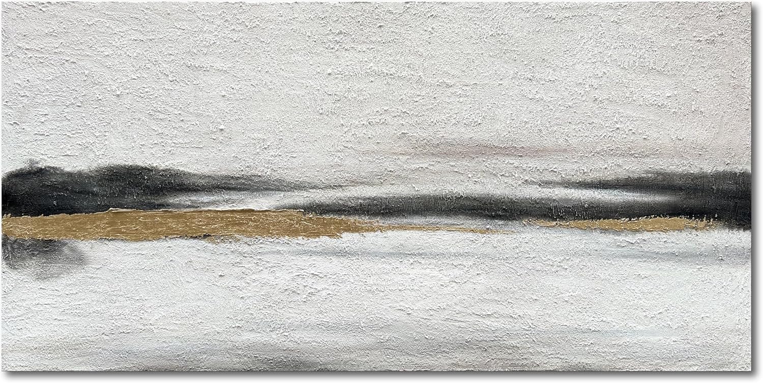 NANKAI Art Hand-Painted Minimalist Black and White Art Oil Painting Gold Texture Art 24x48 Inch Office Home Wall Decoration