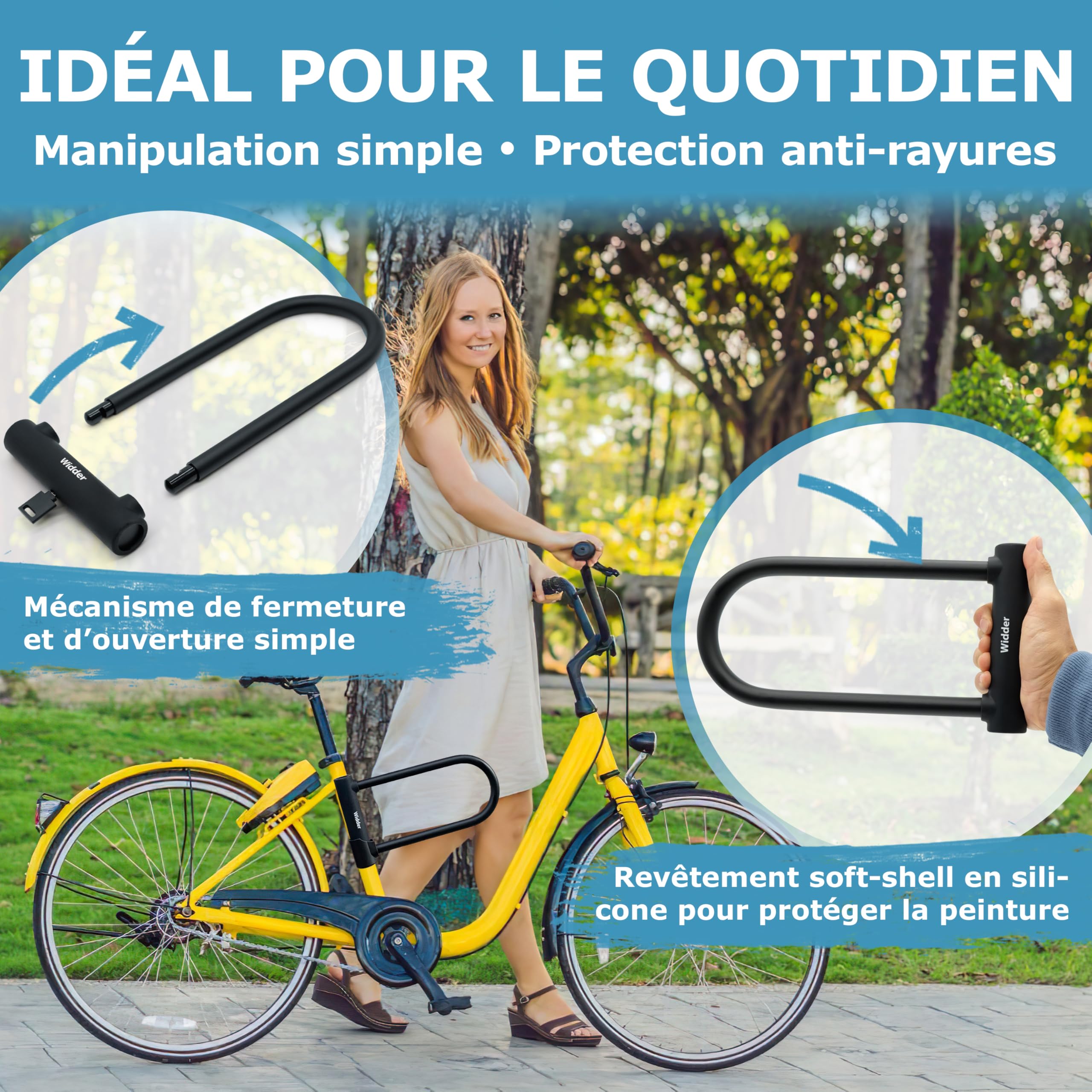 WIDDER Antivol U vélo extrêmement sûr – Acier chromé Niveau de sécurité 15 | Arceau massif 18 mm – Antivol velo 64 cm de circonférence avec Support & 3 clés – Antivol e‑Bike & e‑Scooter U