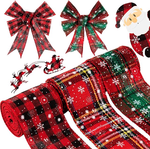 Whaline Christmas Burlap Ribbon Roll Red Plaid with Snowflakes Craft Ribbon 18 Yard Wired Edge Wrapping Ribbon Wide Rustic Natural Ribbon for Xmas Gift Tree Gift Wreath Decoration, 3 Roll
