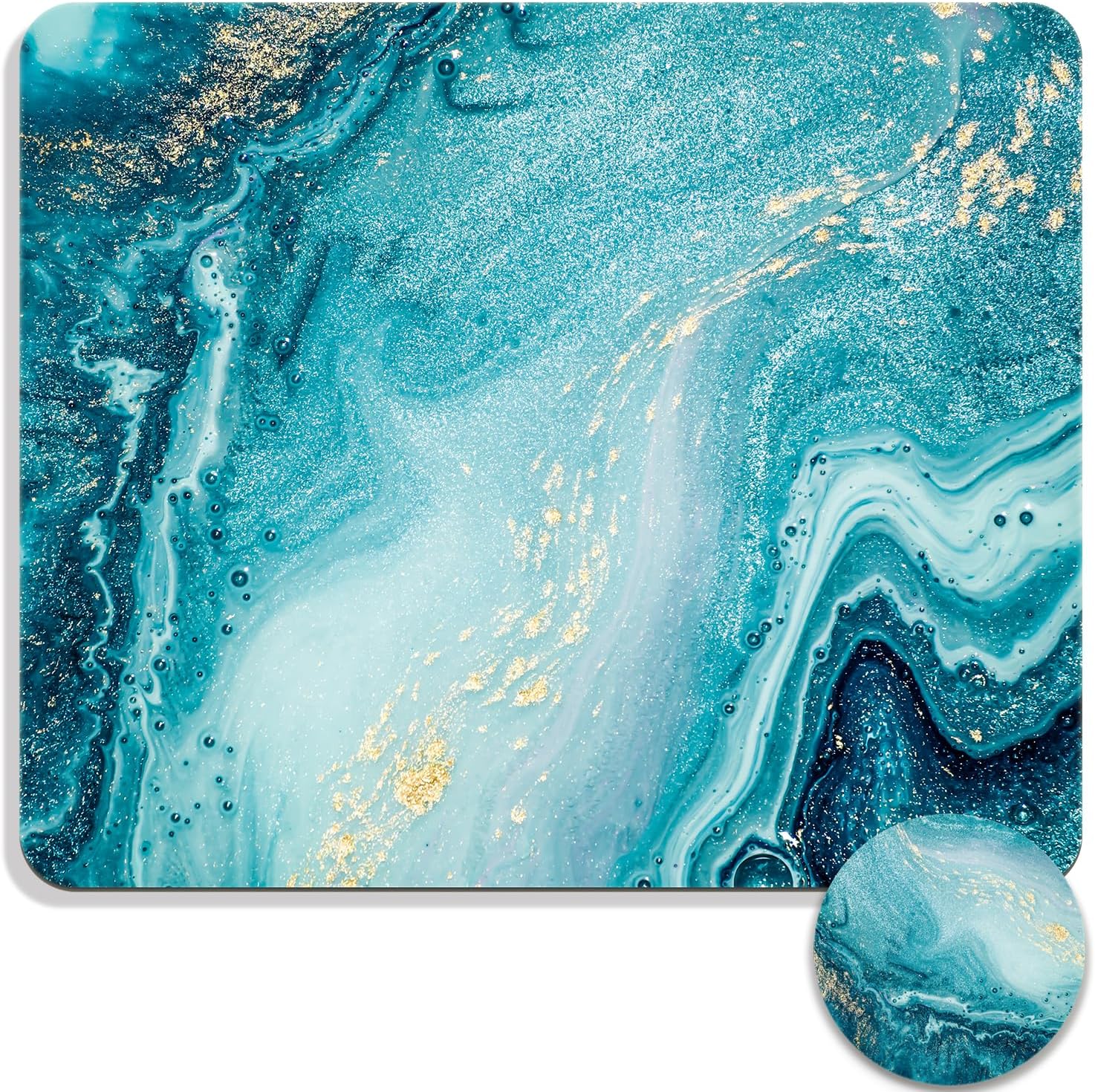 Square Mouse Pad with Coaster, Soft Cute Computer Mouse Mat with Non-Slip Rubber Base, Easy to Slide, Splash Resistant Surface, Personalized Design, Portable, Blue Marble
